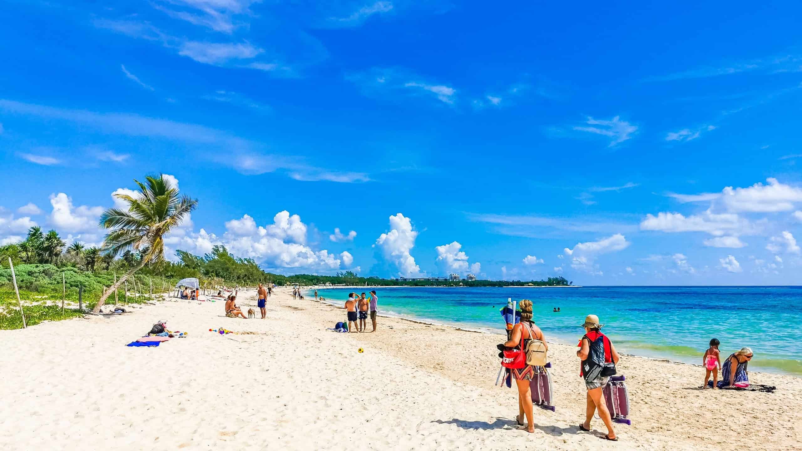 Playa del Carmen Quintana Roo Mexico 26. September 2021 Tropical mexican Caribbean beach paradise panorama view with people and turquoise blue water in Playa del Carmen Mexico.
