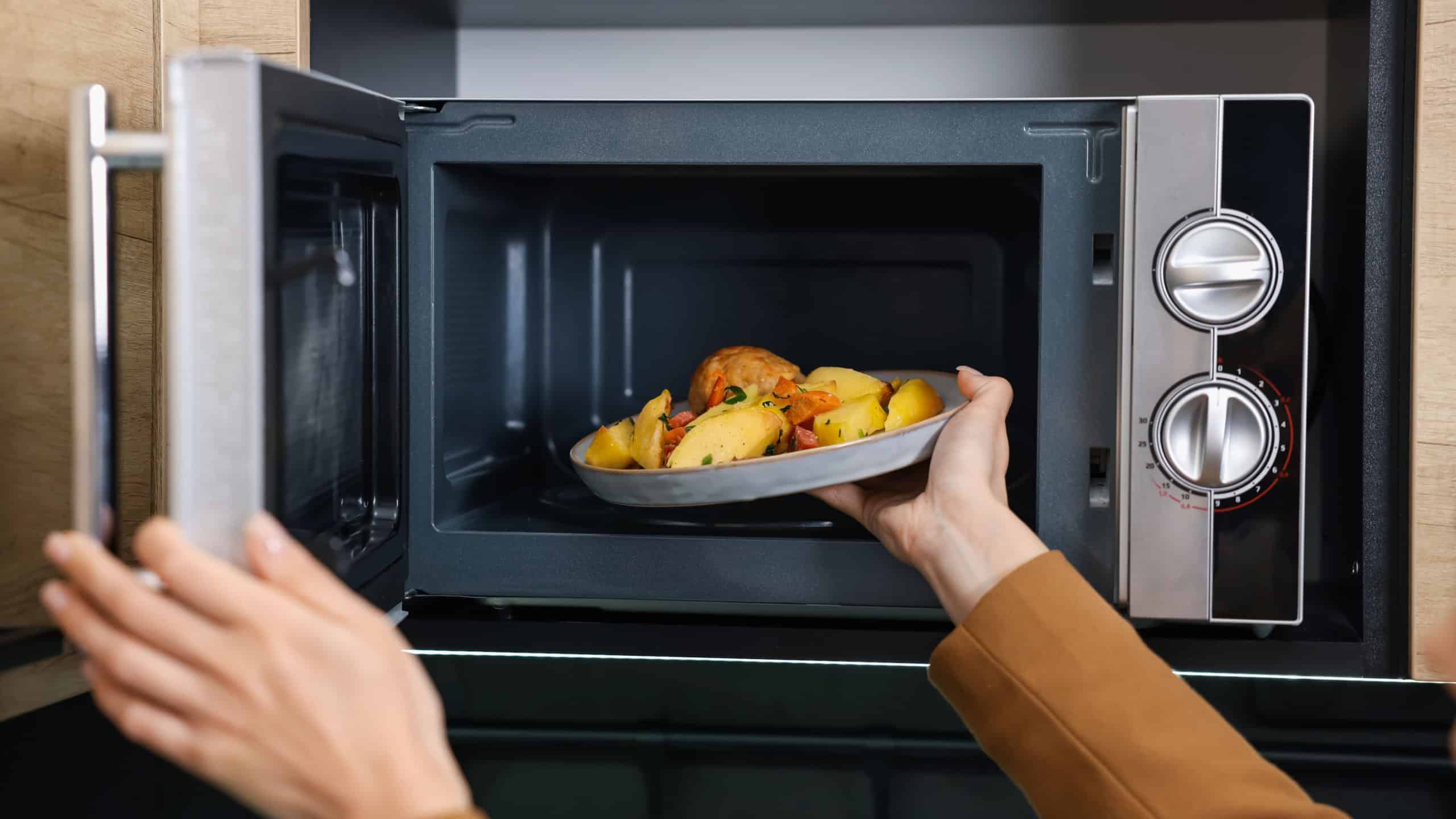 Woman putting plate with lunch into microwave indoors, closeup