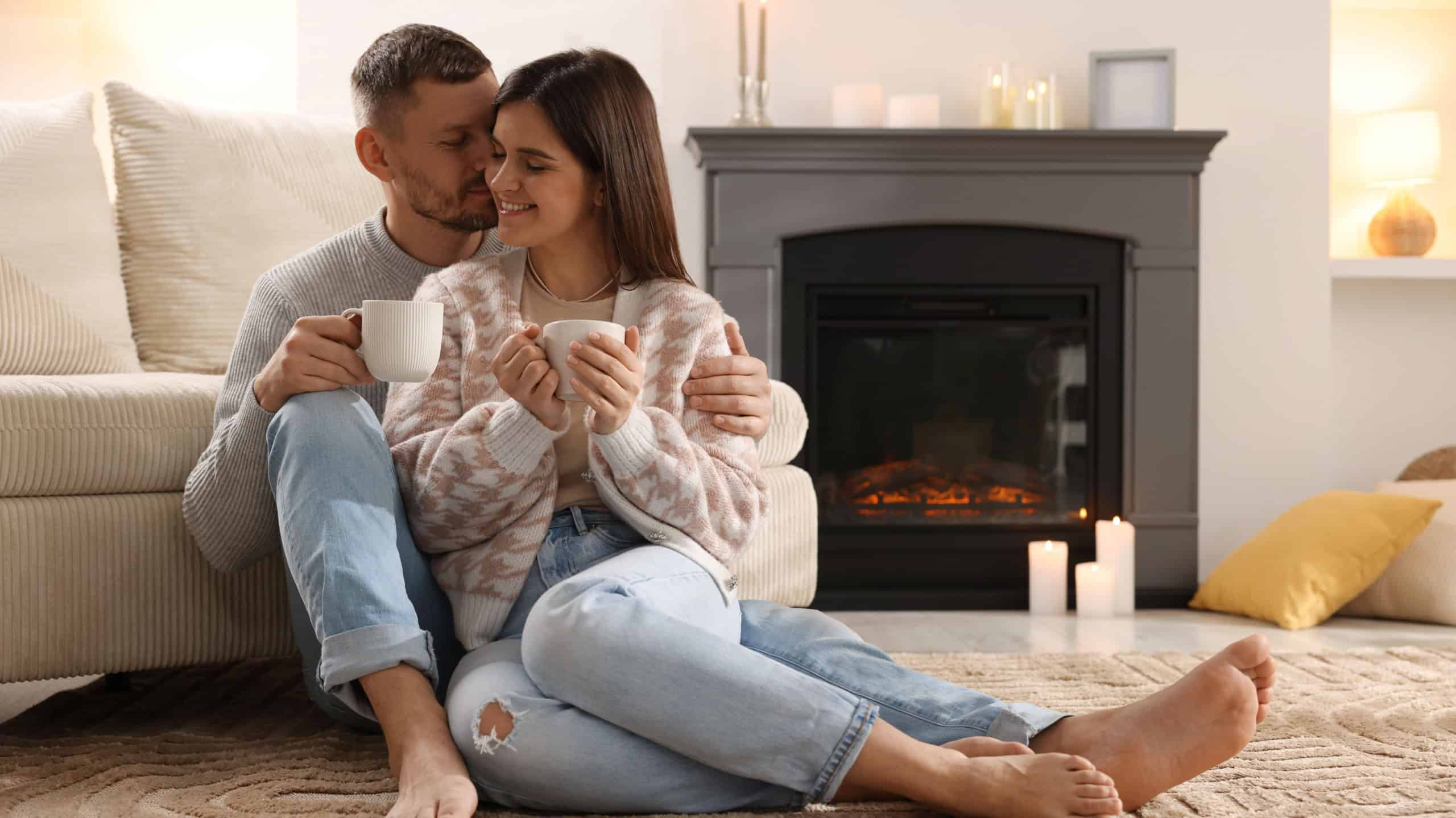 Happy couple with cups of hot drink sitting near fireplace on floor at home