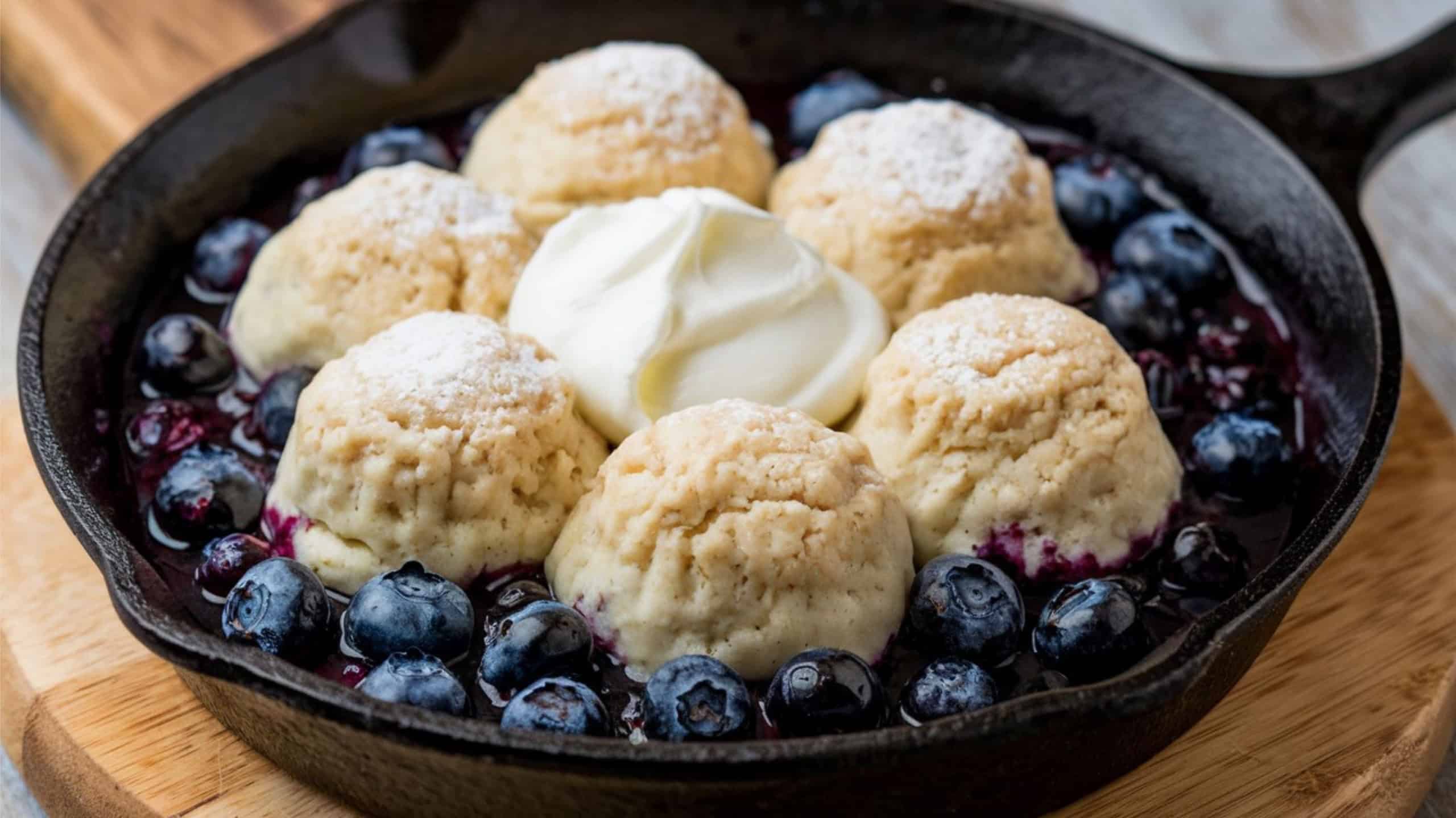 Blueberry Grunt: Canadian baked dessert with stewed blueberries under tender biscuit dumplings. Sweet, tart, and served warm with vanilla ice cream or whipped cream.
