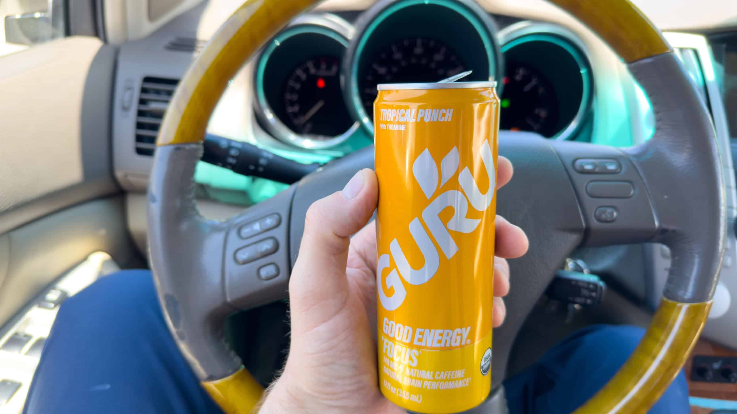 Los Angeles, CA - July 2, 2025: Guru Mango Energy Drink Can Inside Car.