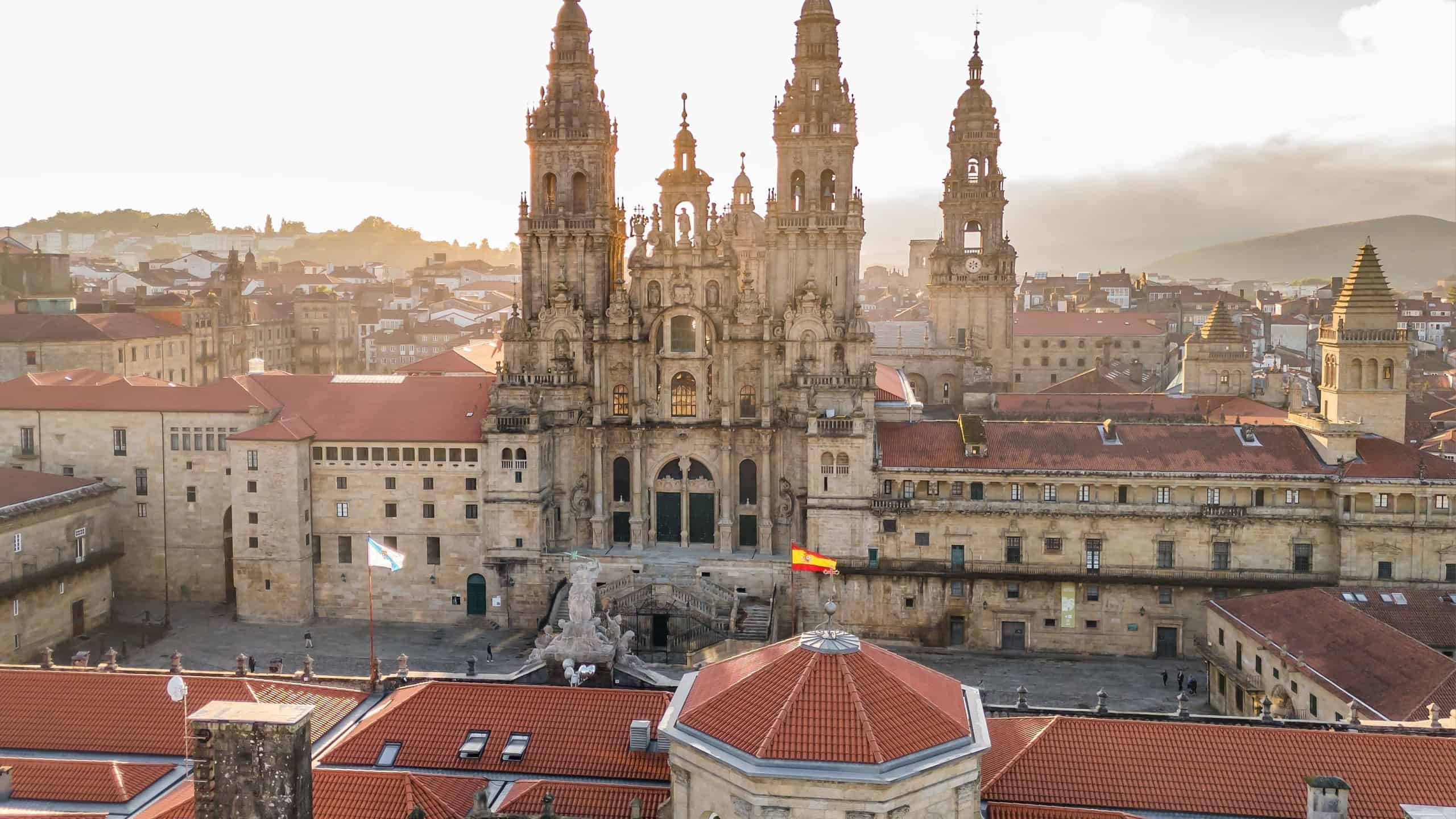 Aerial view of the Cathedral of Santiago de Compostela at sunrise in Galicia, Northern Spain. Renowned Christian pilgrimage site and final destination of the historic Camino de Santiago route.