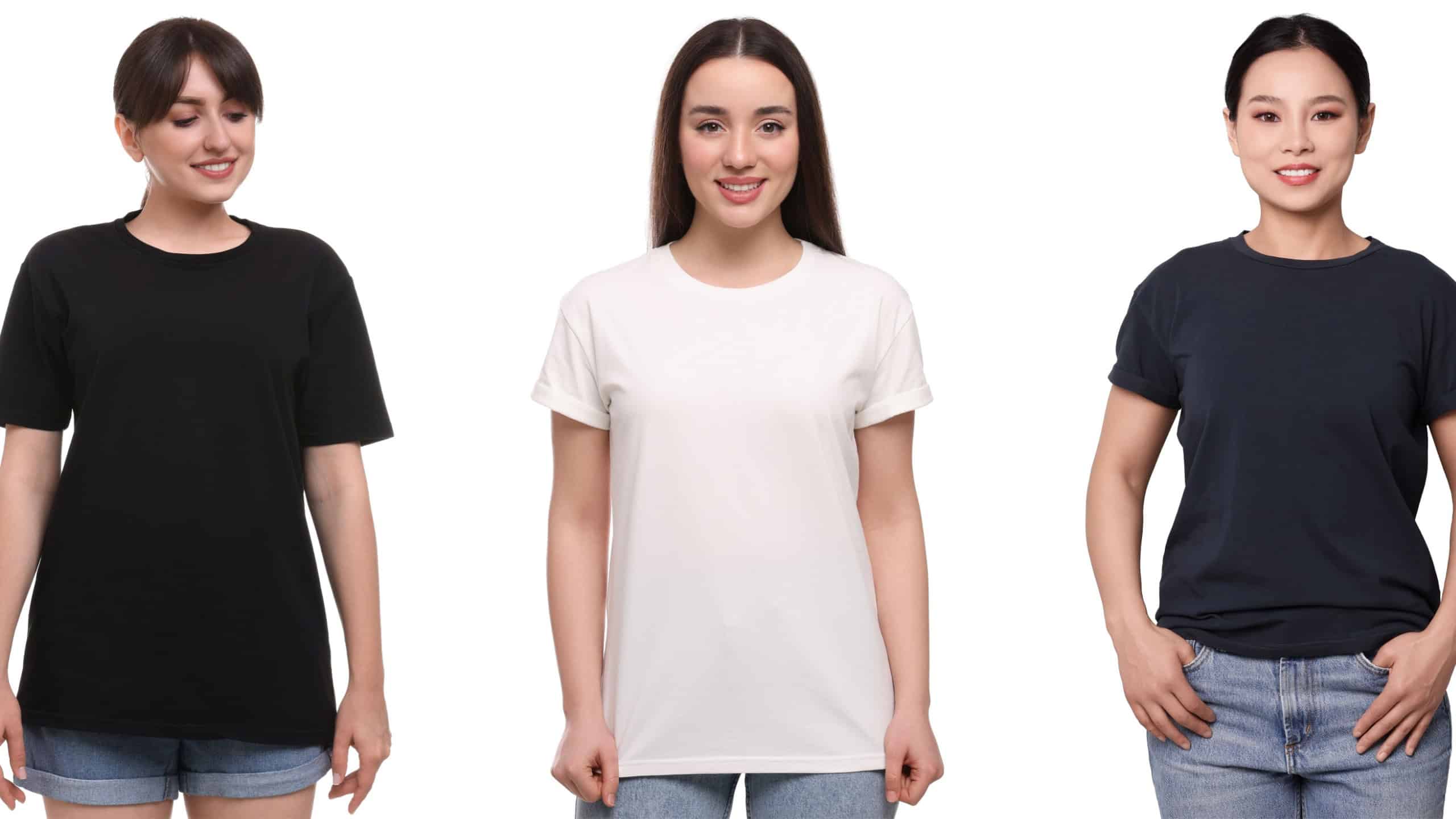 Women in different t-shirts on white background. Mockup for design