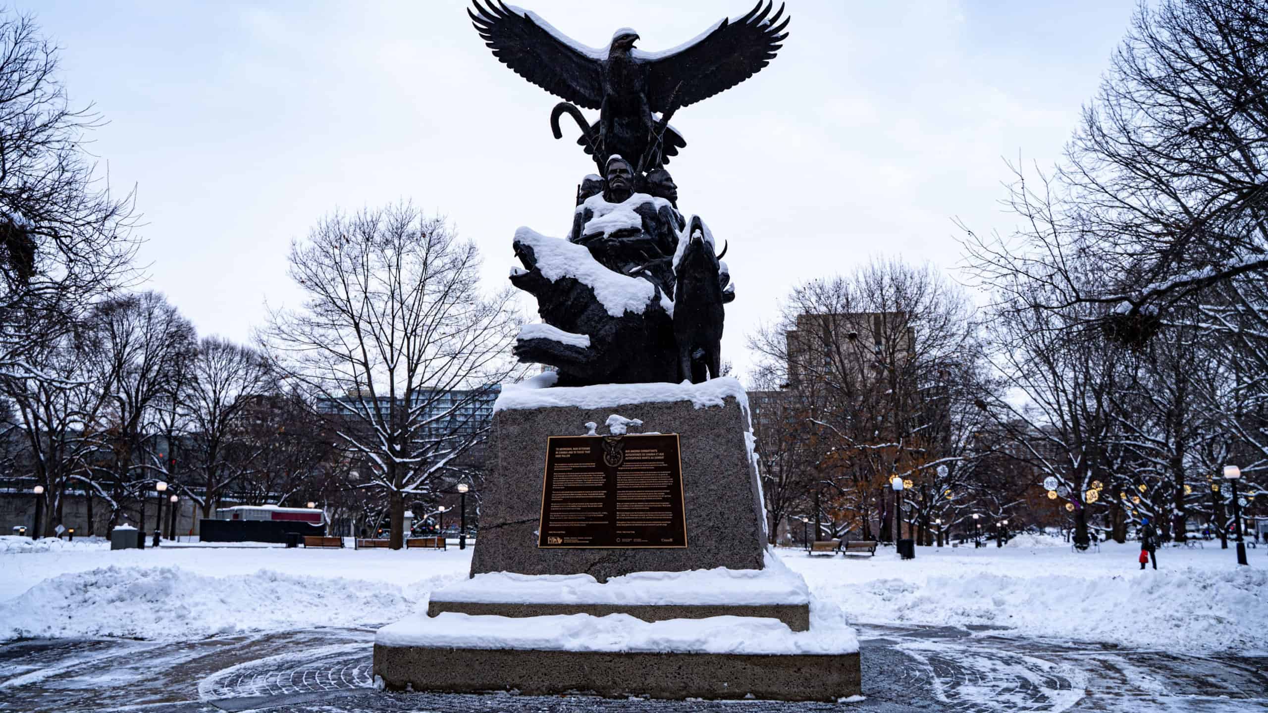 View of National Aboriginal Veterans Monument during winter season in Ottawa. Ottawa, Canada - December 15, 2025.