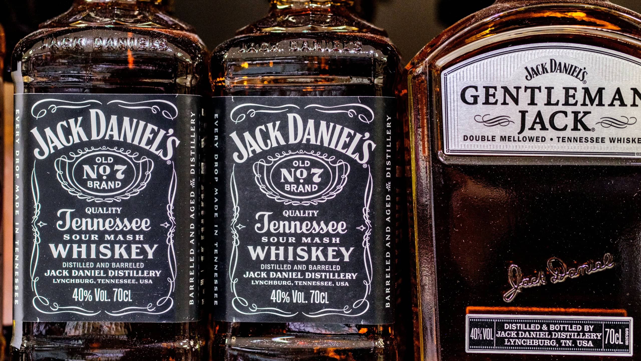 Epsom, London UK, April 04 2026, Display of Jack Daniels and Gentleman Jack Tenessee Whiskey Bottles