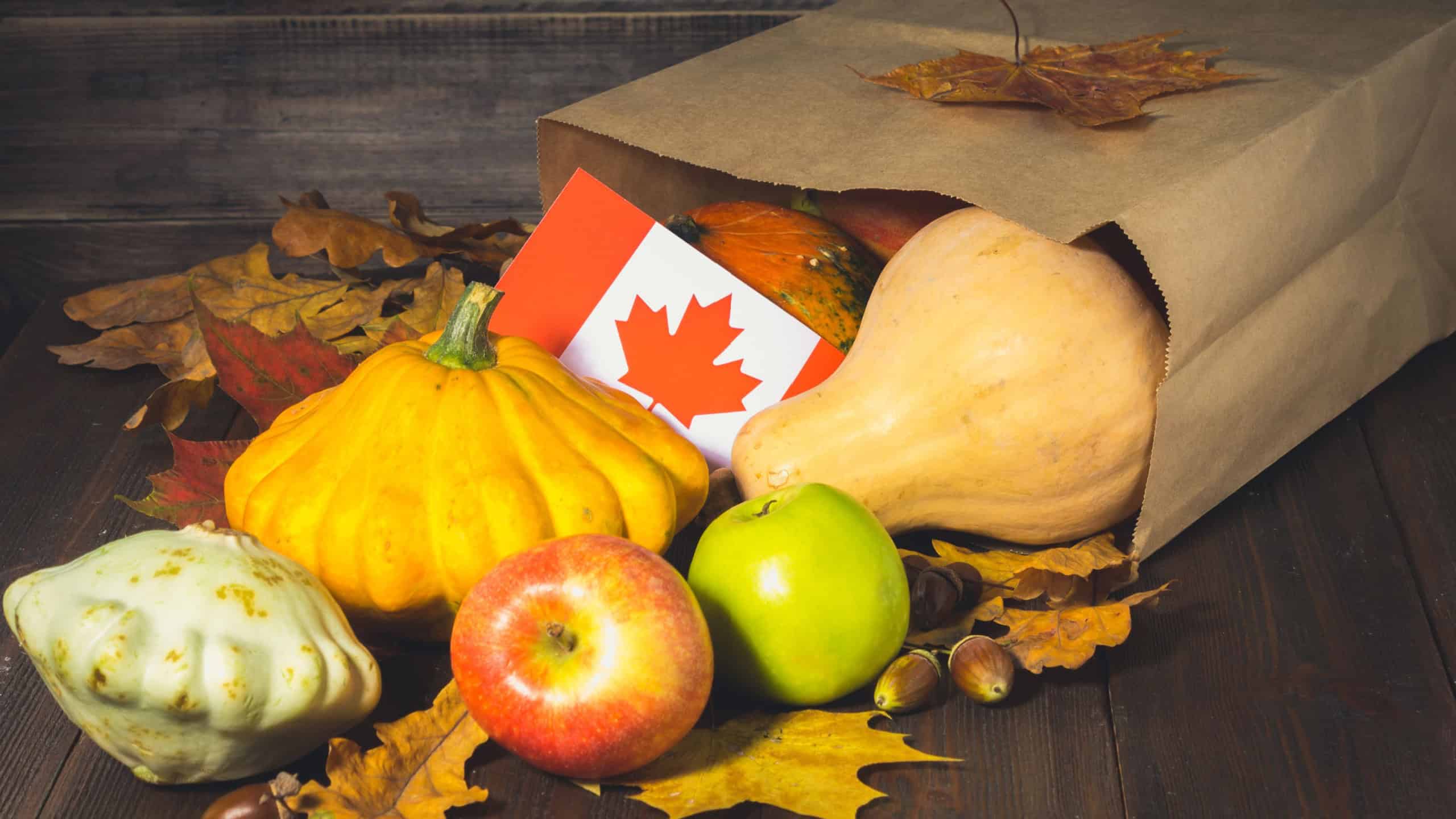 Happy Thanksgiving Day in Canada. Vegetables, pumpkins, squash, apples, maple and oak leaves, acorns on a wooden background. Harvest and yellow autumn leaves on a wooden table