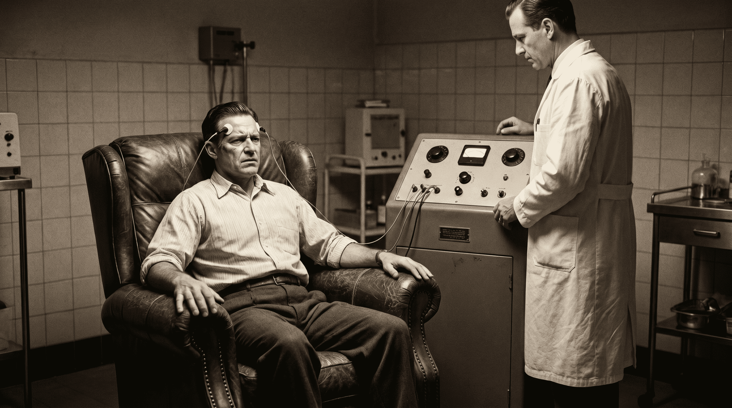 vintage electric shock therapy. Man in chair.