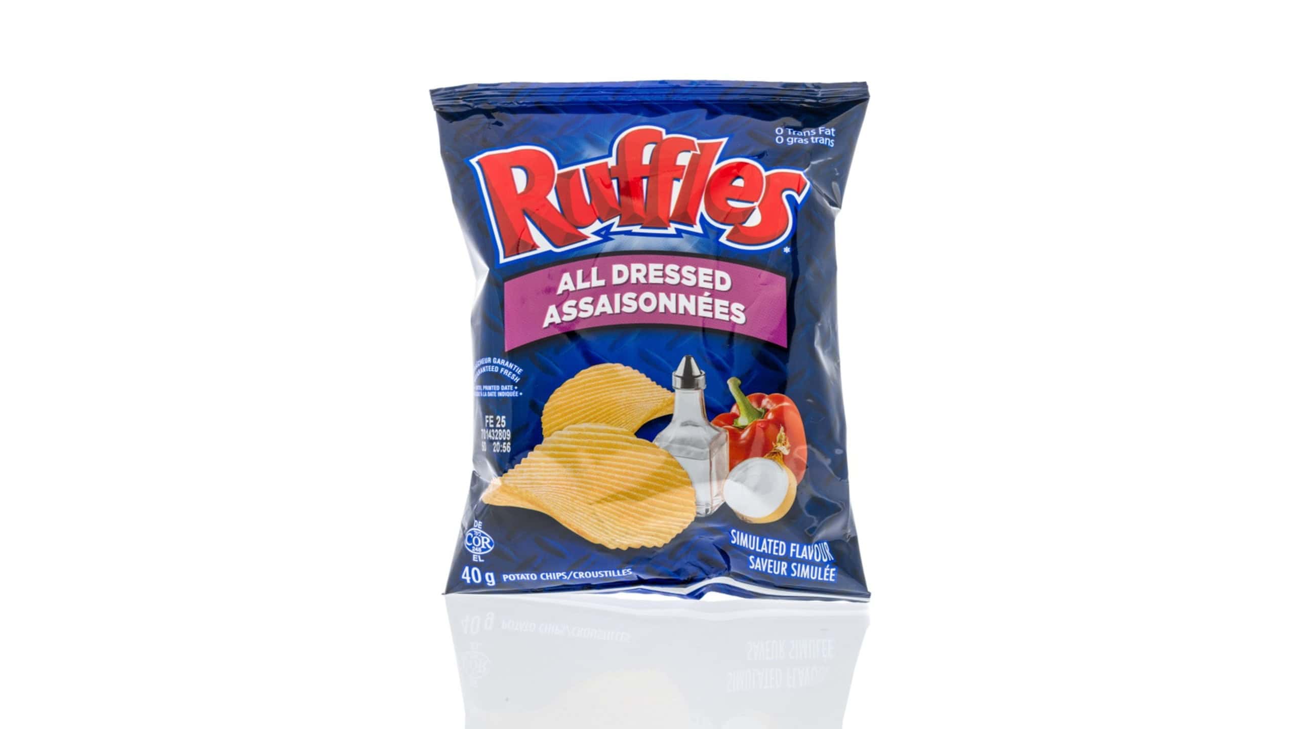 Winneconne, WI - 14 January 2019 : A package of Ruffles potato chips on an isolated background