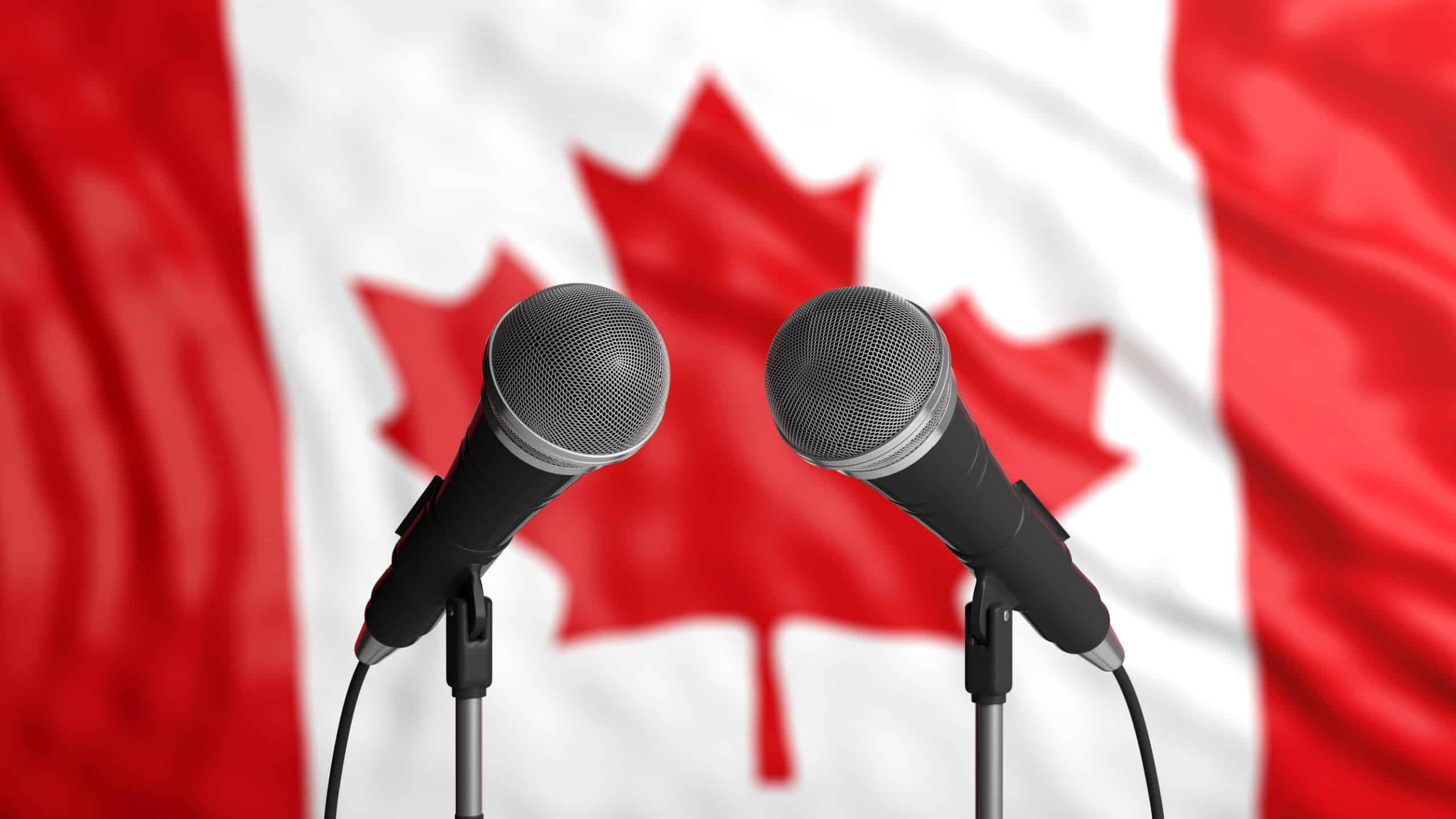 Canada blur flag backdrop, two cable microphones in front. Political, business concept. 3d illustration