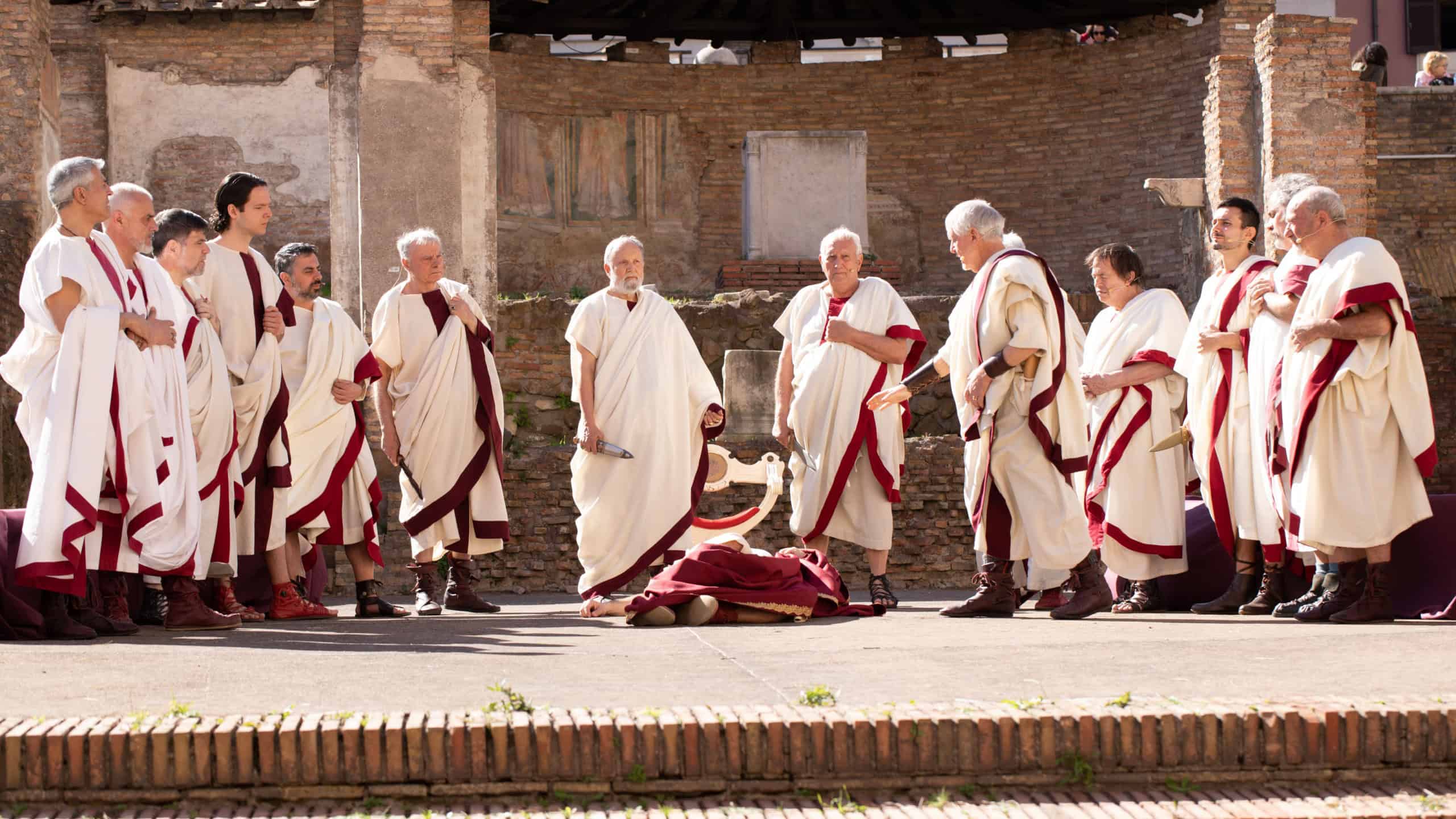 Rome, Italy – March 15, 2019: At the Sacred Area of Largo Argentina, the Gruppo Storico Romano, stages one of the most important events in the history of the humanity: the murder of Julius Caesar.