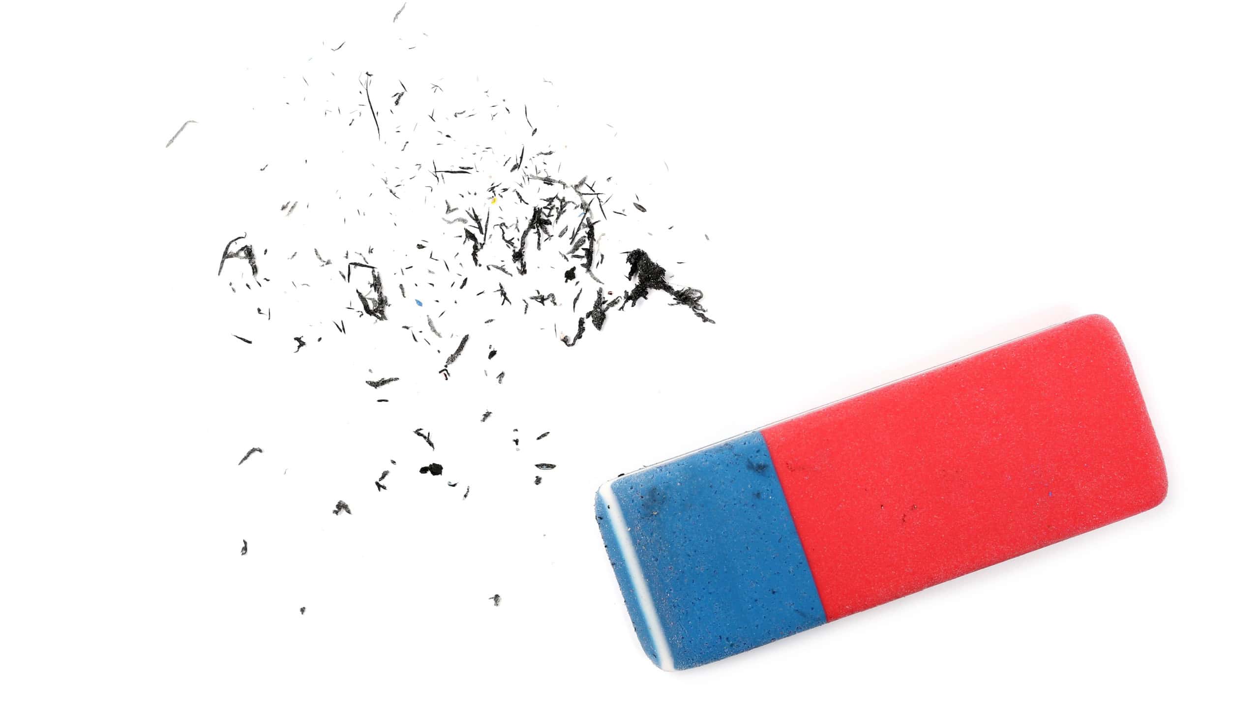 Pencil tip shavings with eraser isolated on white background, top view