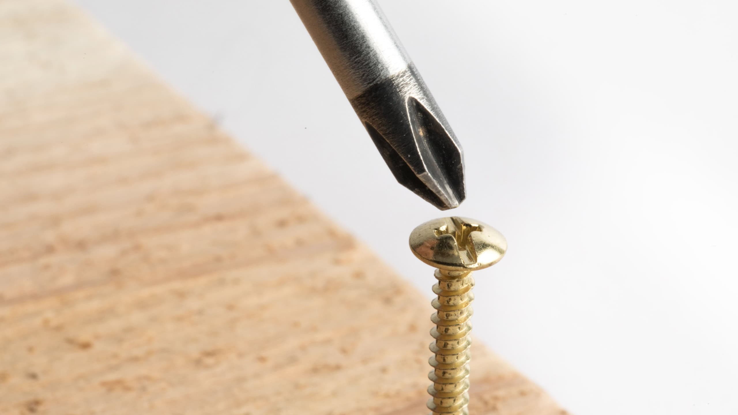 a macro selective focus lose up of a phillips cross style screwdriver and phillips cross style wood screw isolated on white