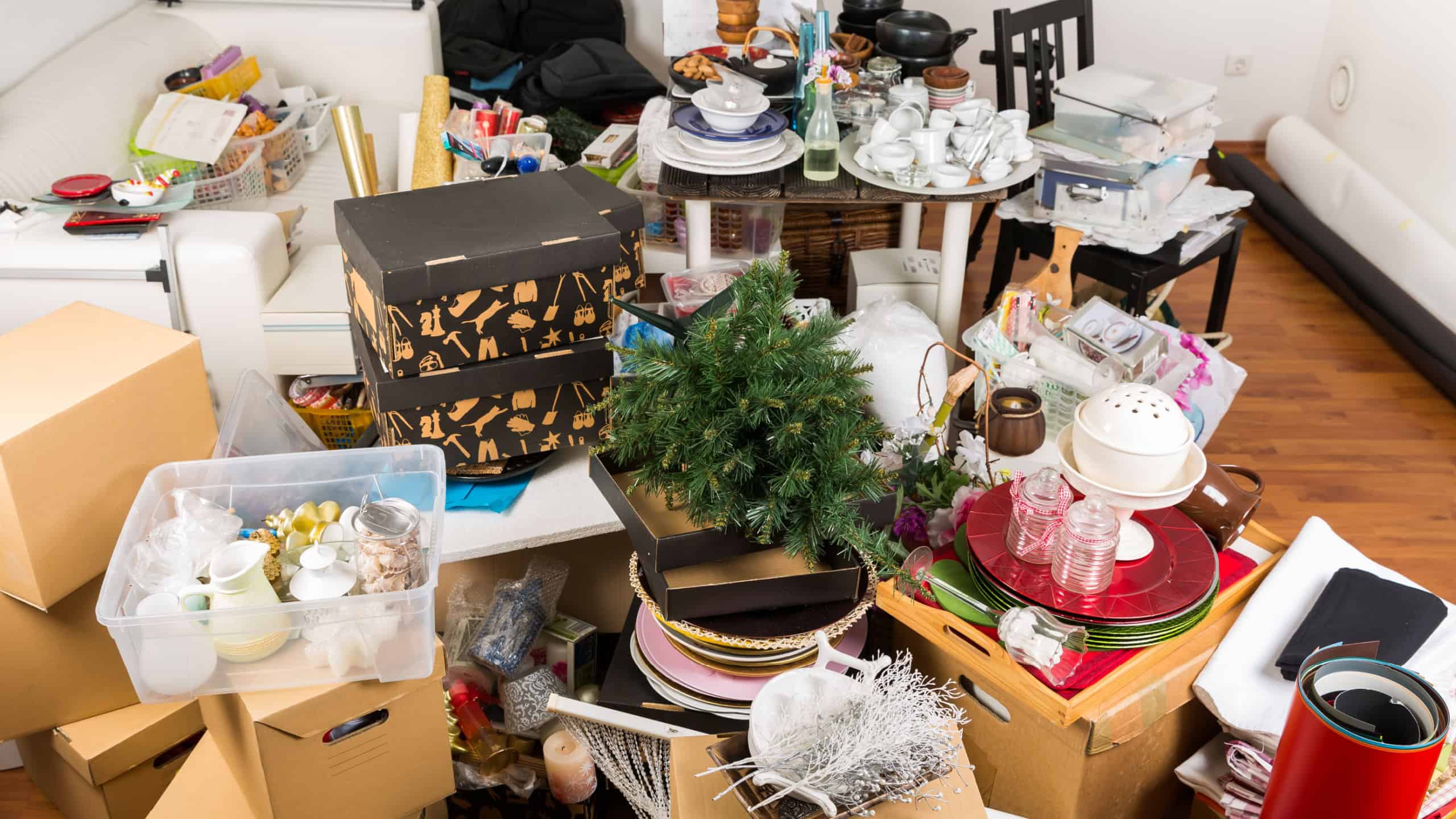 Messy room full of clutter and junk - Compulsive hoarding. Hoarding disorder.
