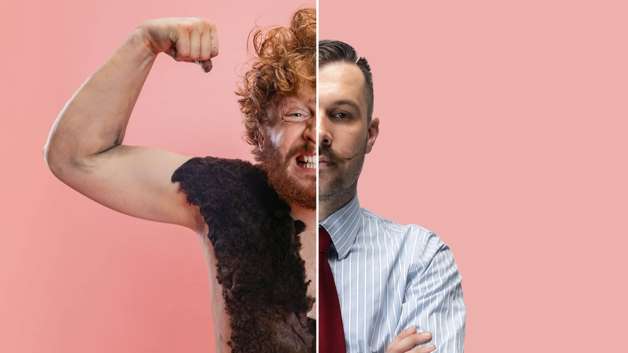 Collage of two men, neanderthal person and businessman, office employee isolated over pink background. Half-face portraits. Concept of lifestyle, art, profession, occupation, history and ad