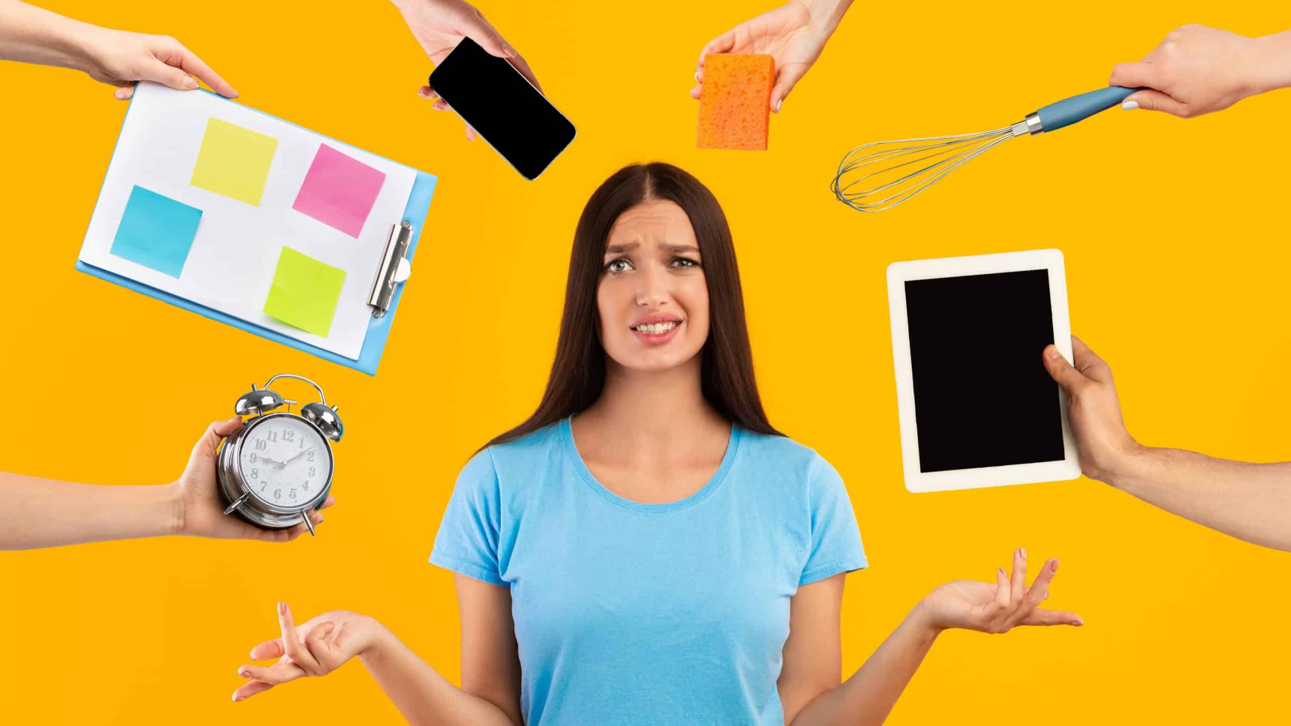 Overwhelmed pretty young woman having difficulties with time management, holding palms upside down, human hands with various stuff reaching lady, collage. Working woman and multitasking concept