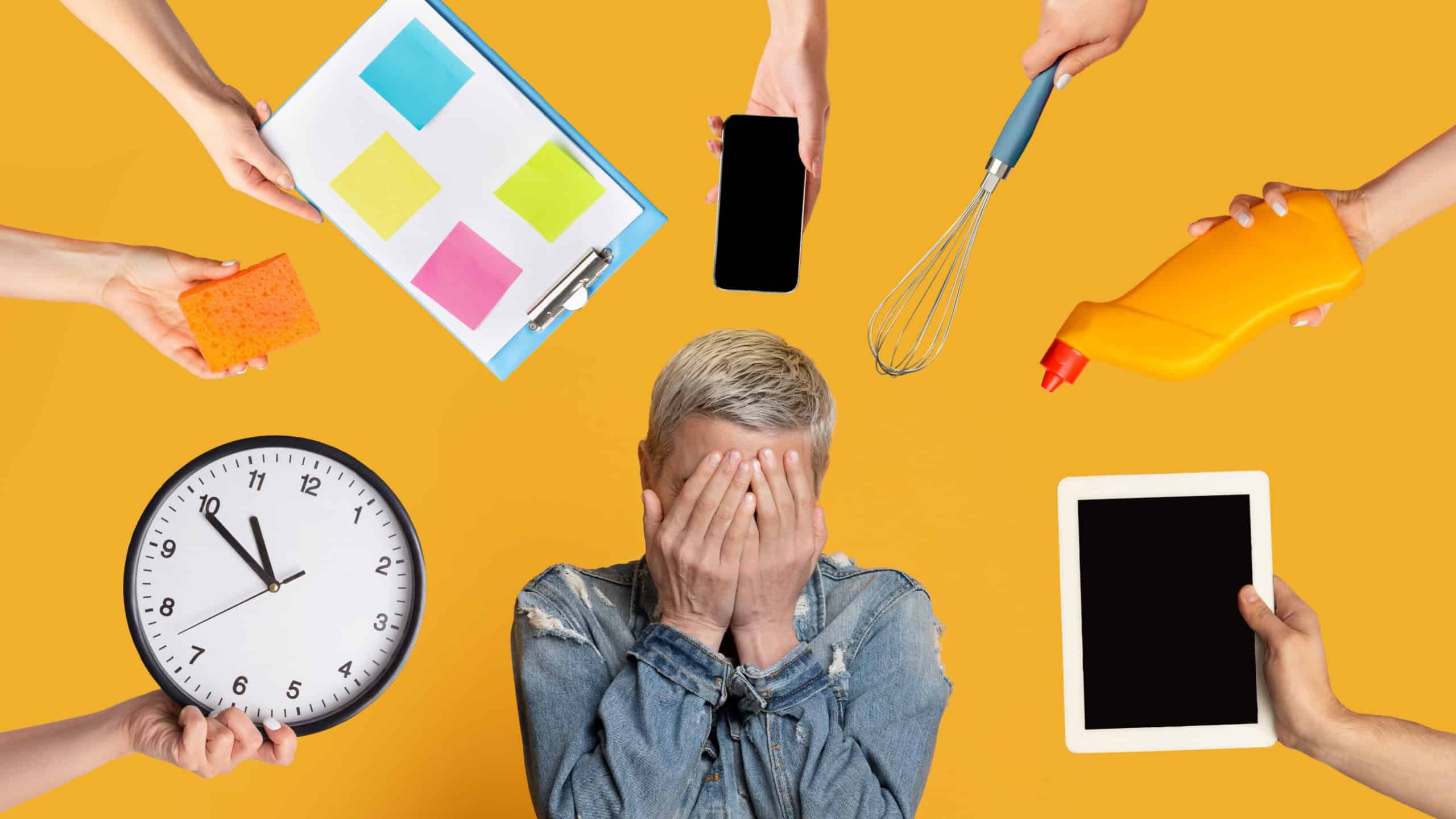Overwhelmed short-haired mature woman having difficulties with time management, covering her face with hands, human hands with various stuff reaching lady, collage. Working mom concept