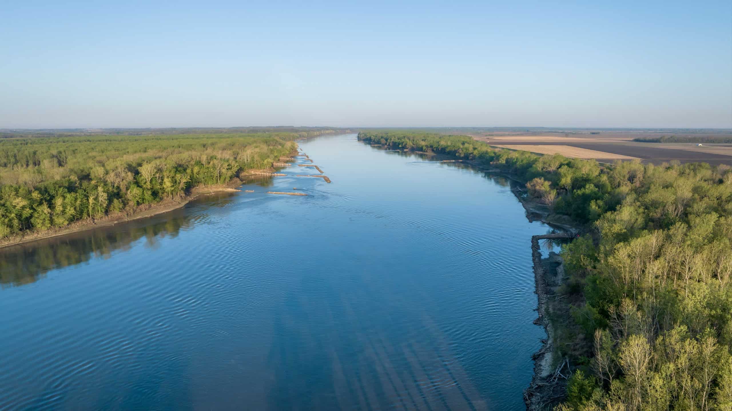 spring sunrise over the Missouri River at Dalton Bottoms - aerial view