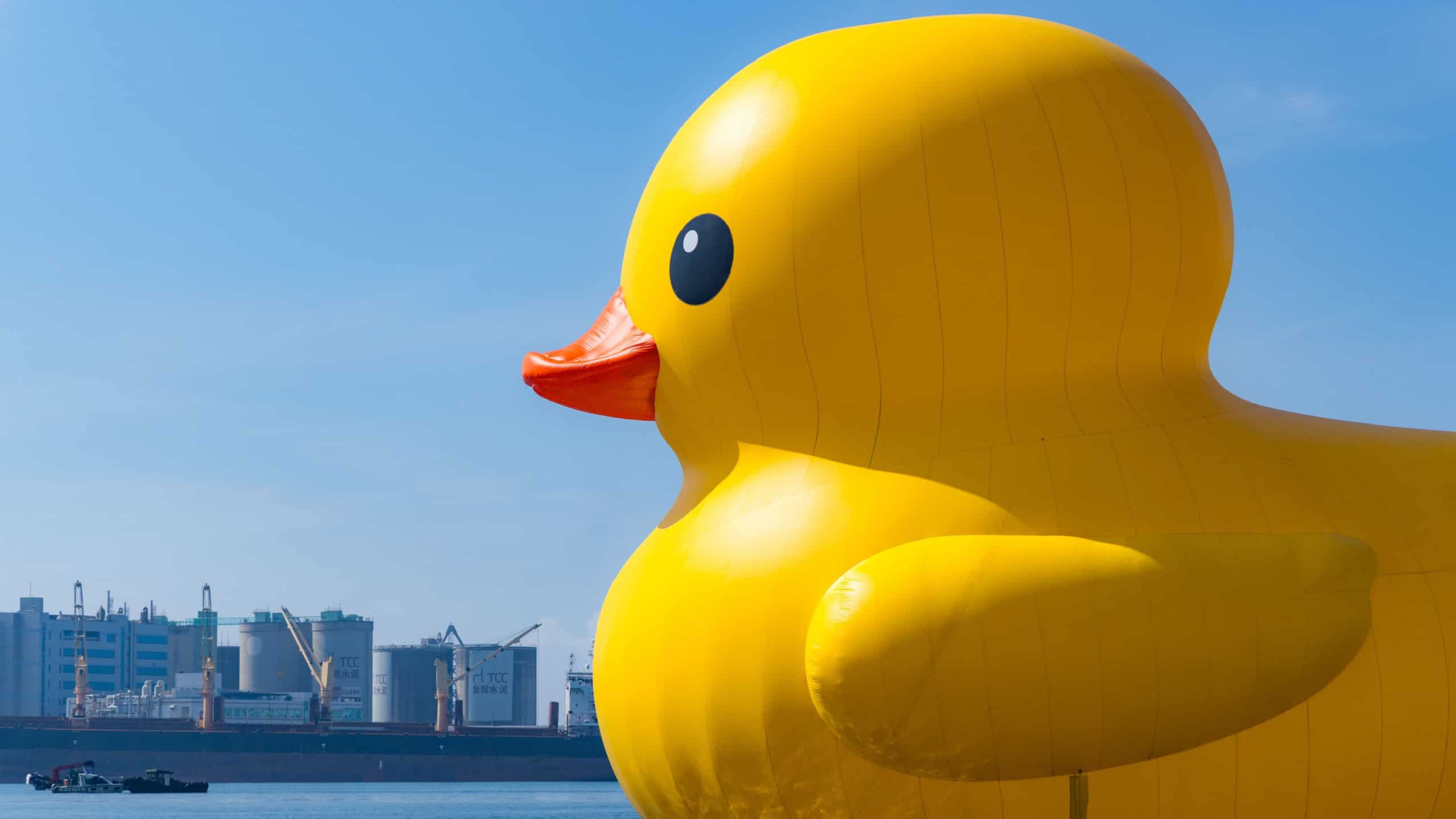 Taiwan, 01 February 2024: Yellow duck in kaohsiung bay in Taiwan