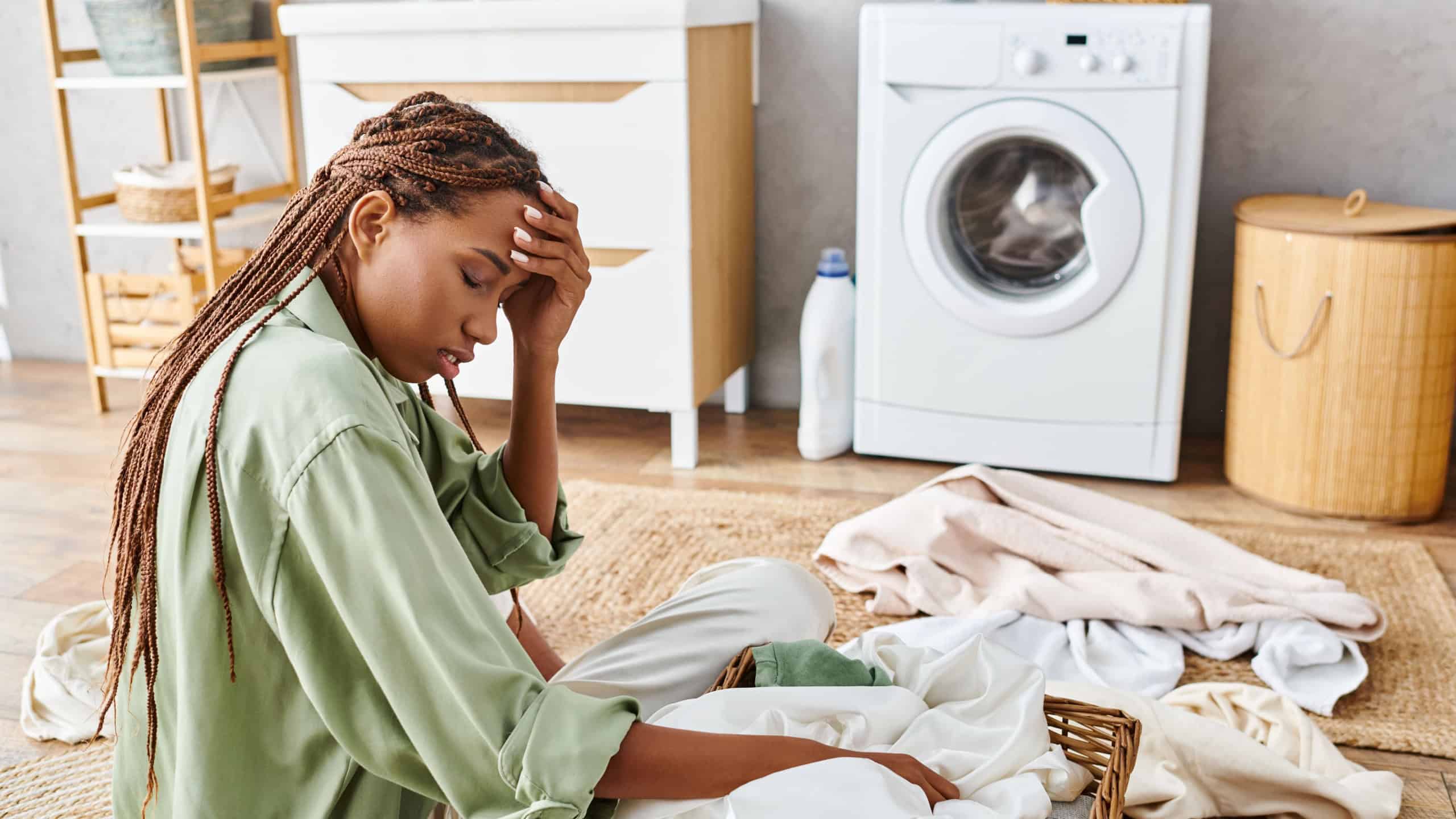 A woman with afro braids sits next to a pile of clothes, lost in thought while doing laundry in a bathroom.