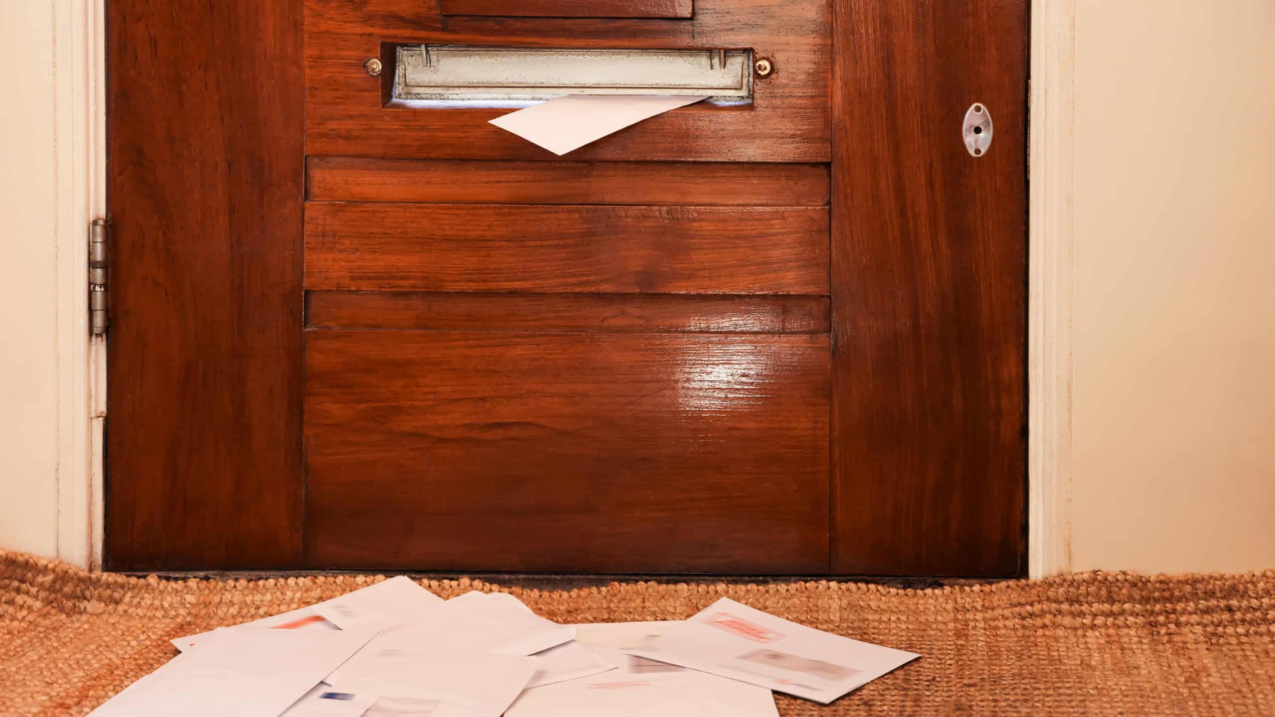 Wooden door with mail slot and many envelopes indoors