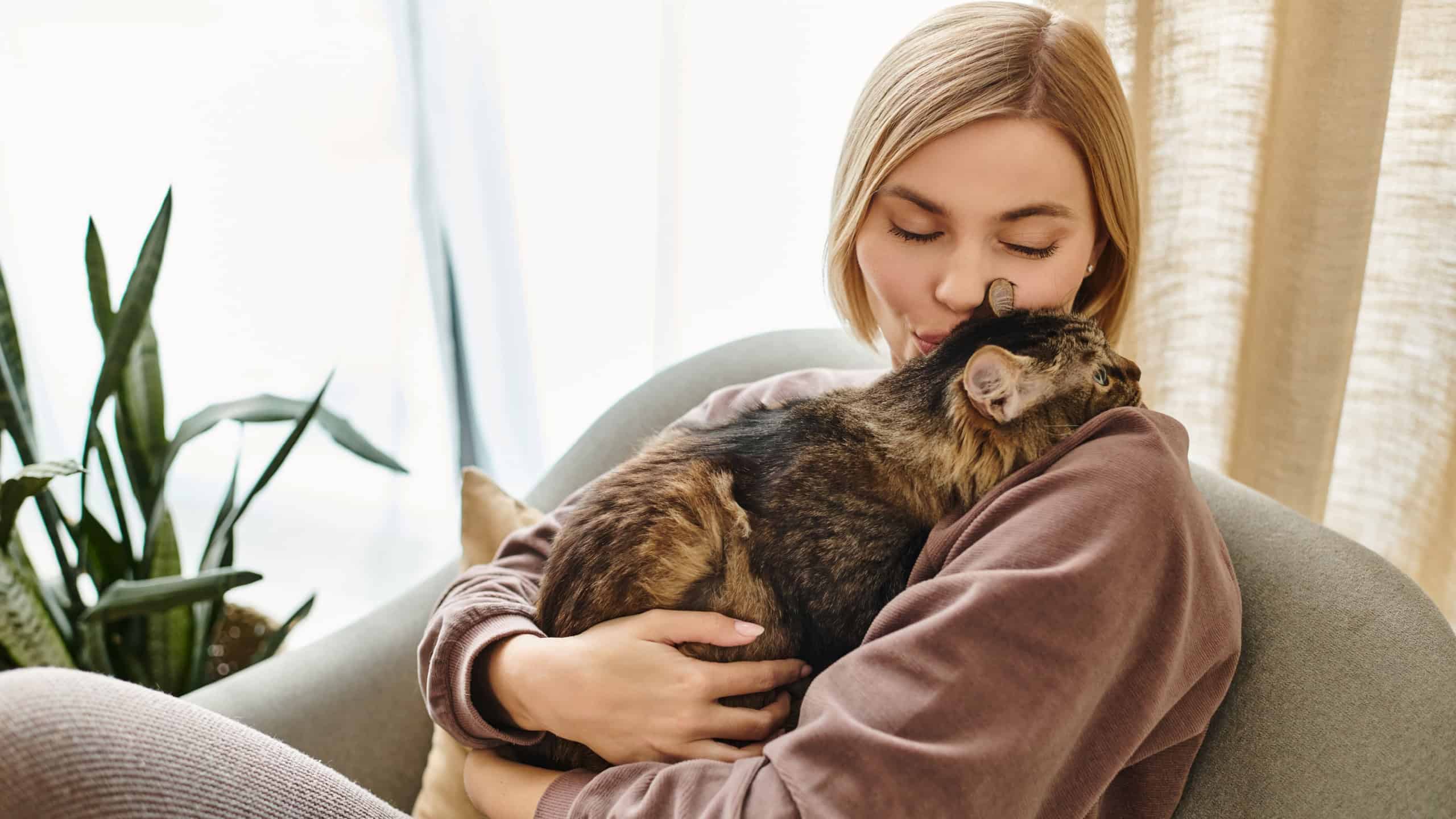 A woman with short hair sitting on a couch, cradling a cat in her arms in a cozy and peaceful setting.
