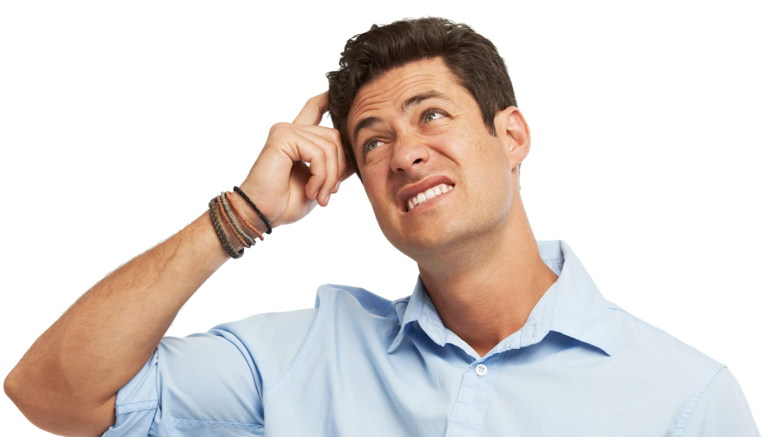 Business man, confused and thinking in studio, questions and anxiety for plan on white background. Male person, scratch head and stress for project proposal, memory fail and puzzled employee for idea