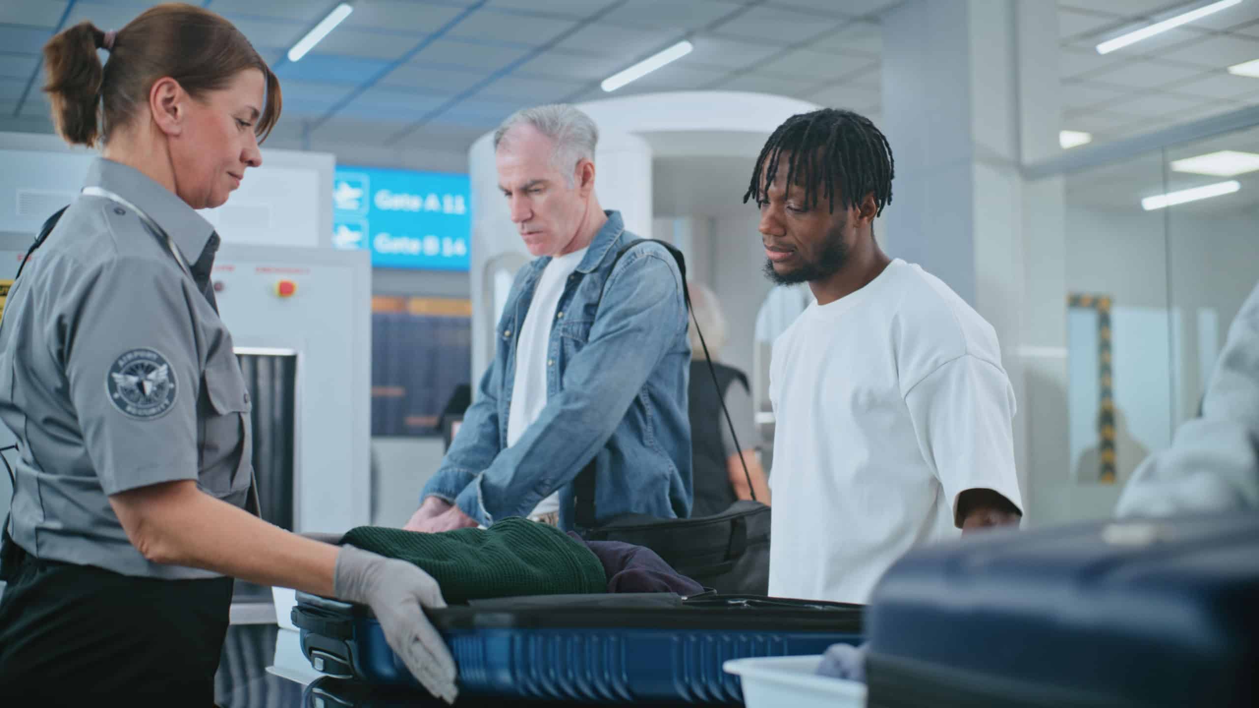 Security Checkpoint in Airport Terminal: Female TSA Worker Inspecting Baggage of Passenger before Boarding Flight, Finding and Confiscates Liquid. Queue of Diverse People During Screening Procedures.