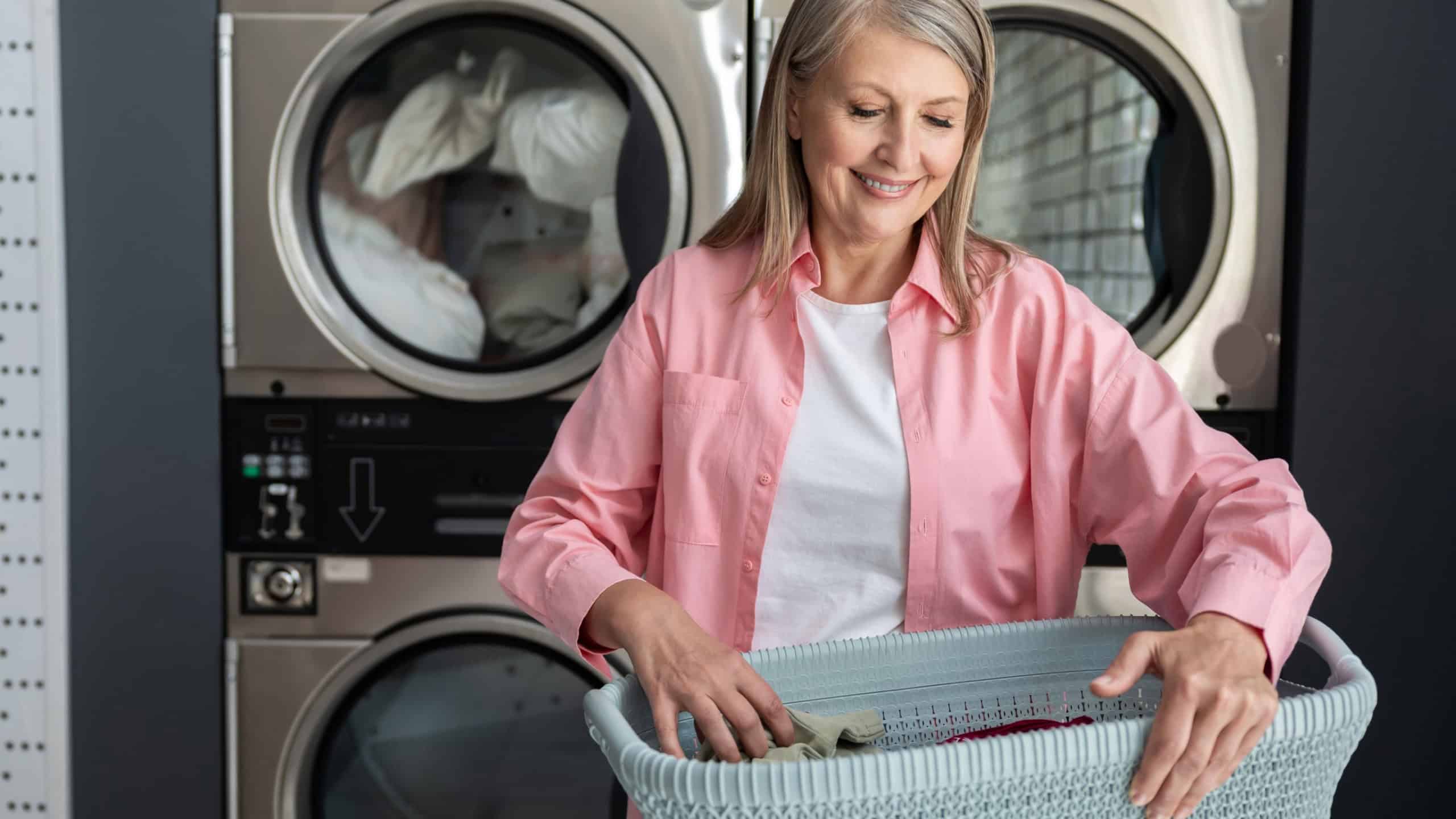 Senior woman washing clothes in laundromat using coin-operated machines for convenience