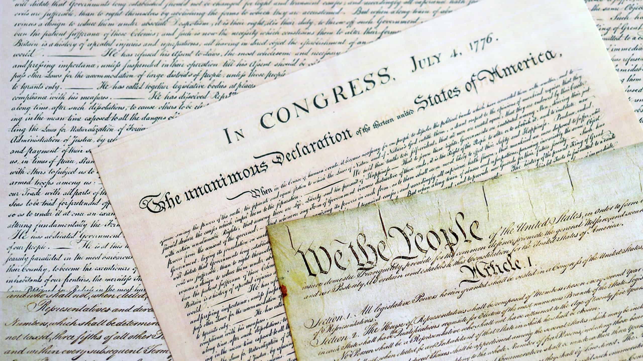 Closeup of a replica of U.S. document of American constitution We the people. Preamble to the Constitution of the United States
