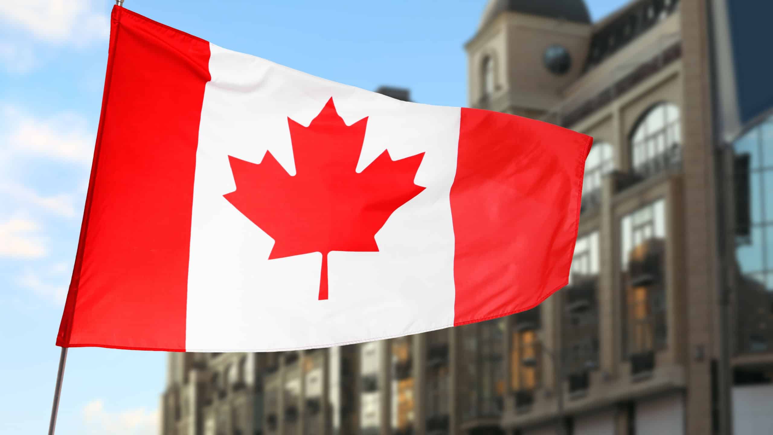 Flag of Canada waving against building outdoors. National symbol