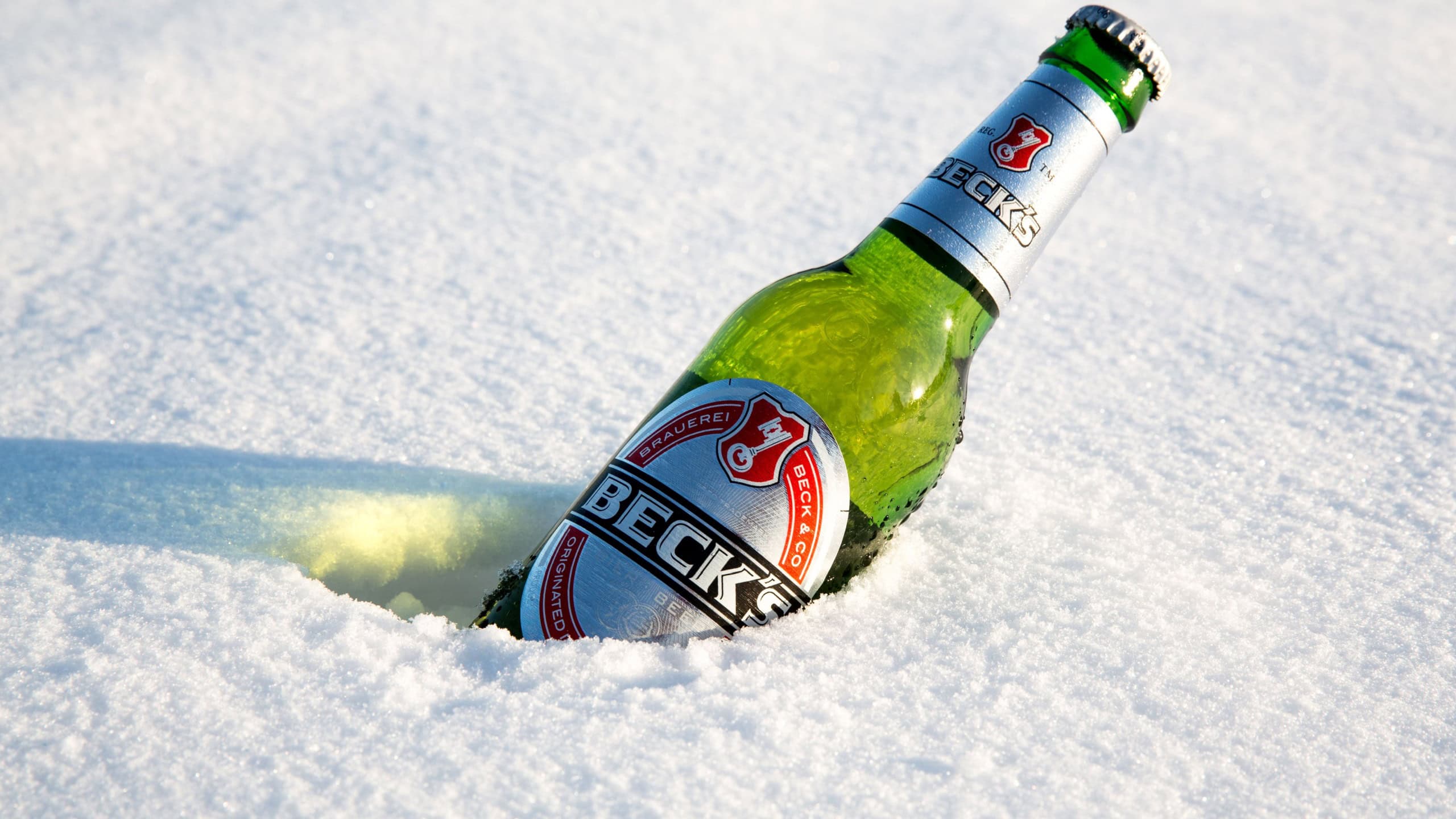 A bottle of Beck's beer cools in the winter snow. Beck's is the bestselling German beer in the world. In Montreal, january 2015