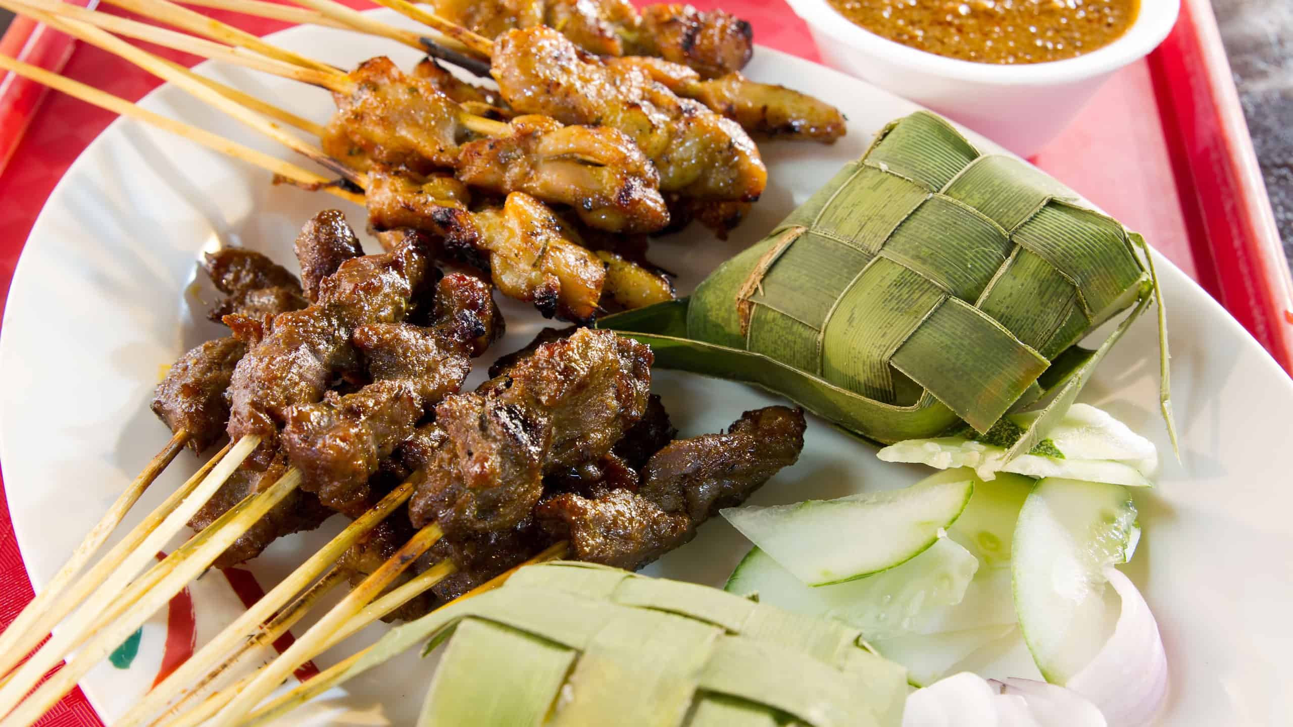 Chicken and Lamb Satay Skewers with Ketupat Rice and Peanut Sauce