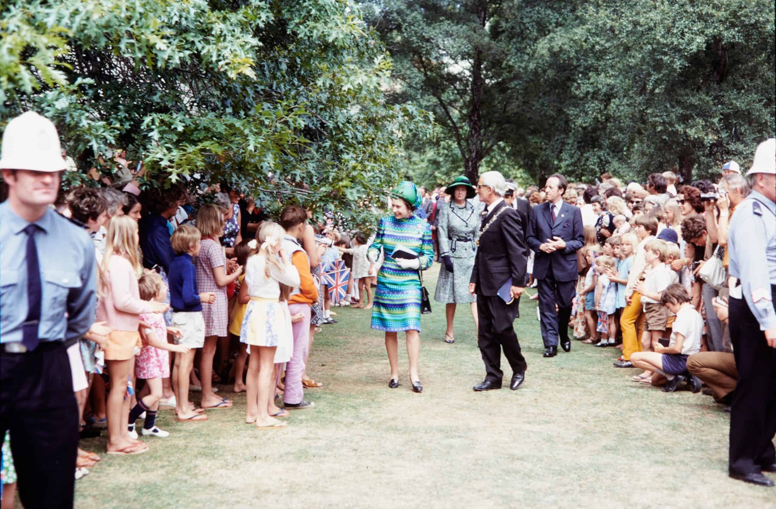 Queen Elizabeth II - 1974 Royal Tour of NZ - at Oamaru Gardens with Mayor Bill Laney