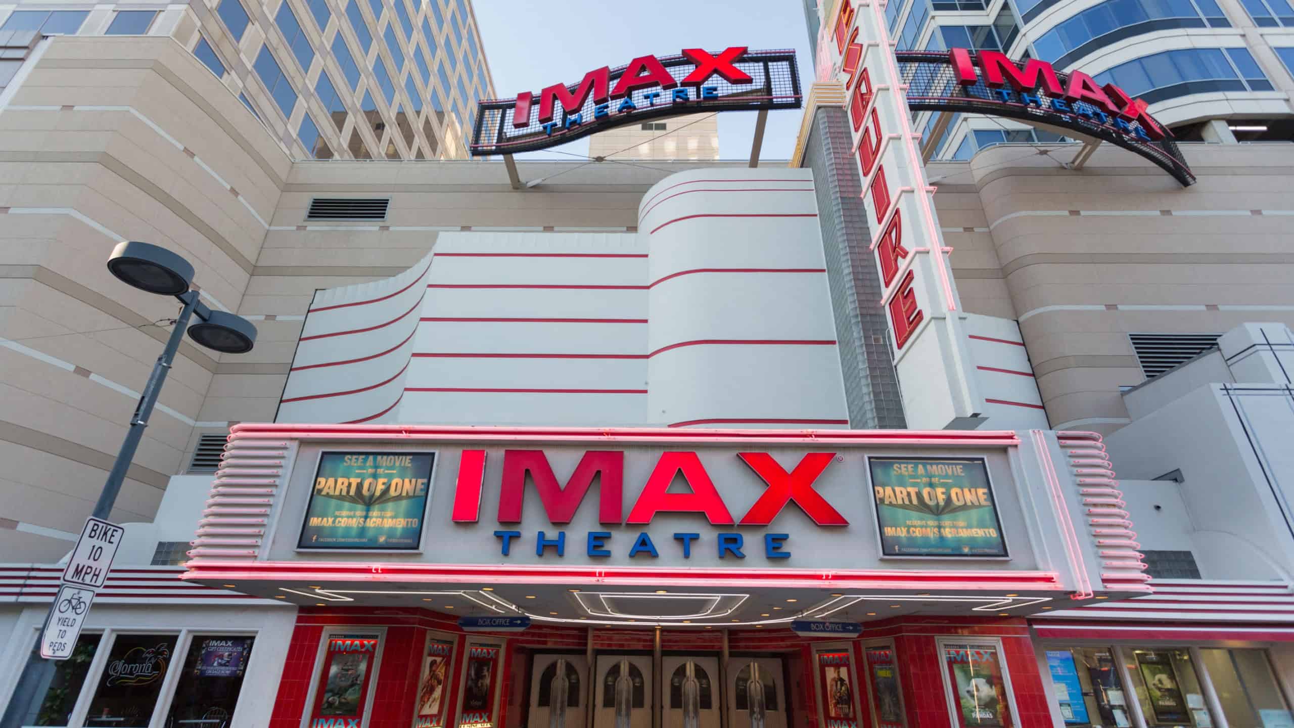 Sacramento, CA - June 30, 2018: Close up of IMAX Esquire movie theatre in downtown on K street alley.