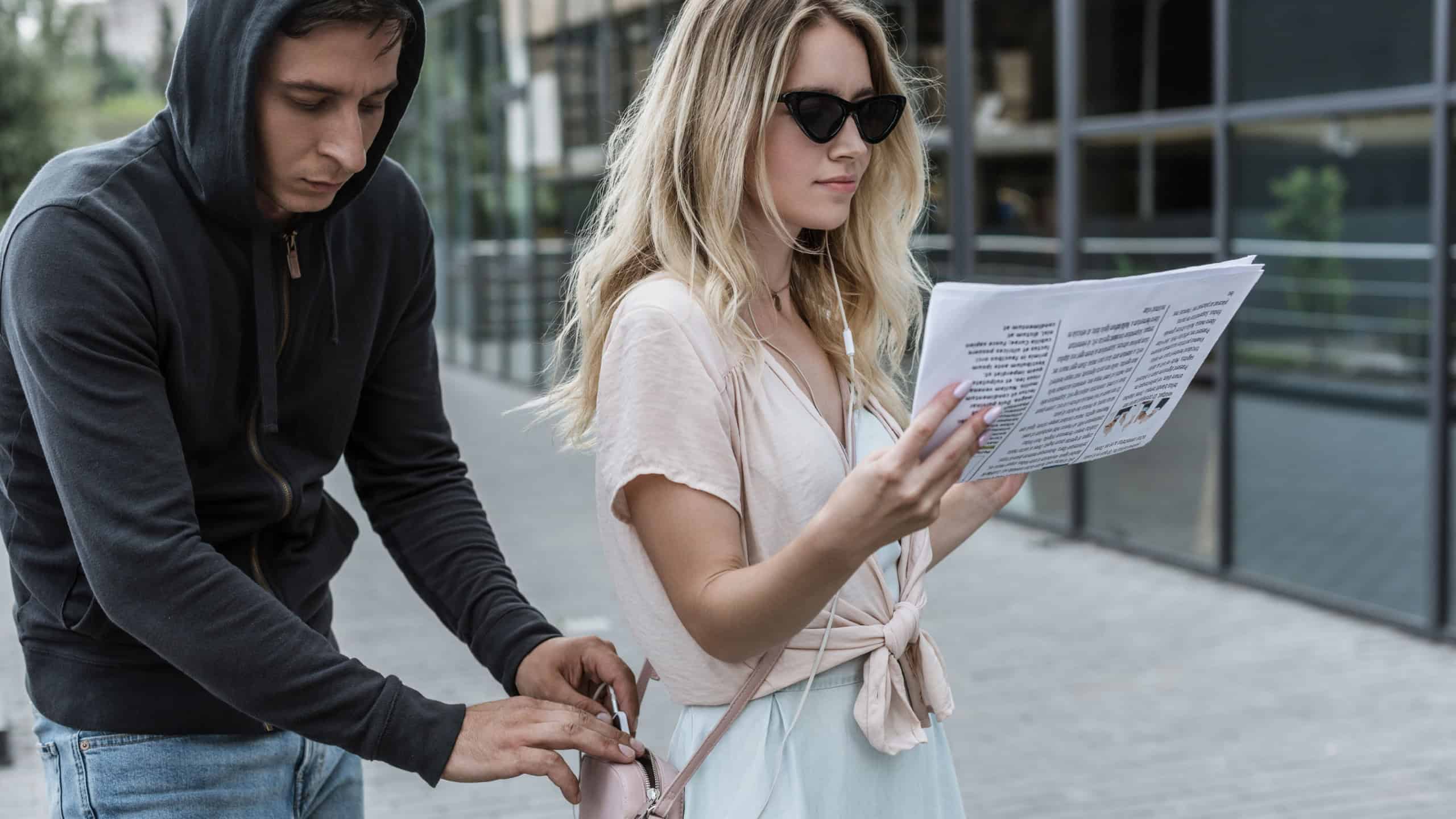 woman reading newspaper while robber pickpocketing smartphone from her bag