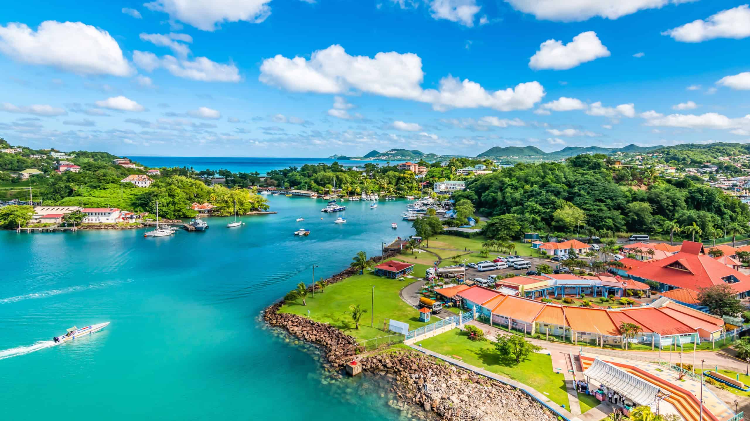 Aerial view of port Castries with duty free shops. Popular for cruise passengers. Saint Lucia, Caribbean Island.