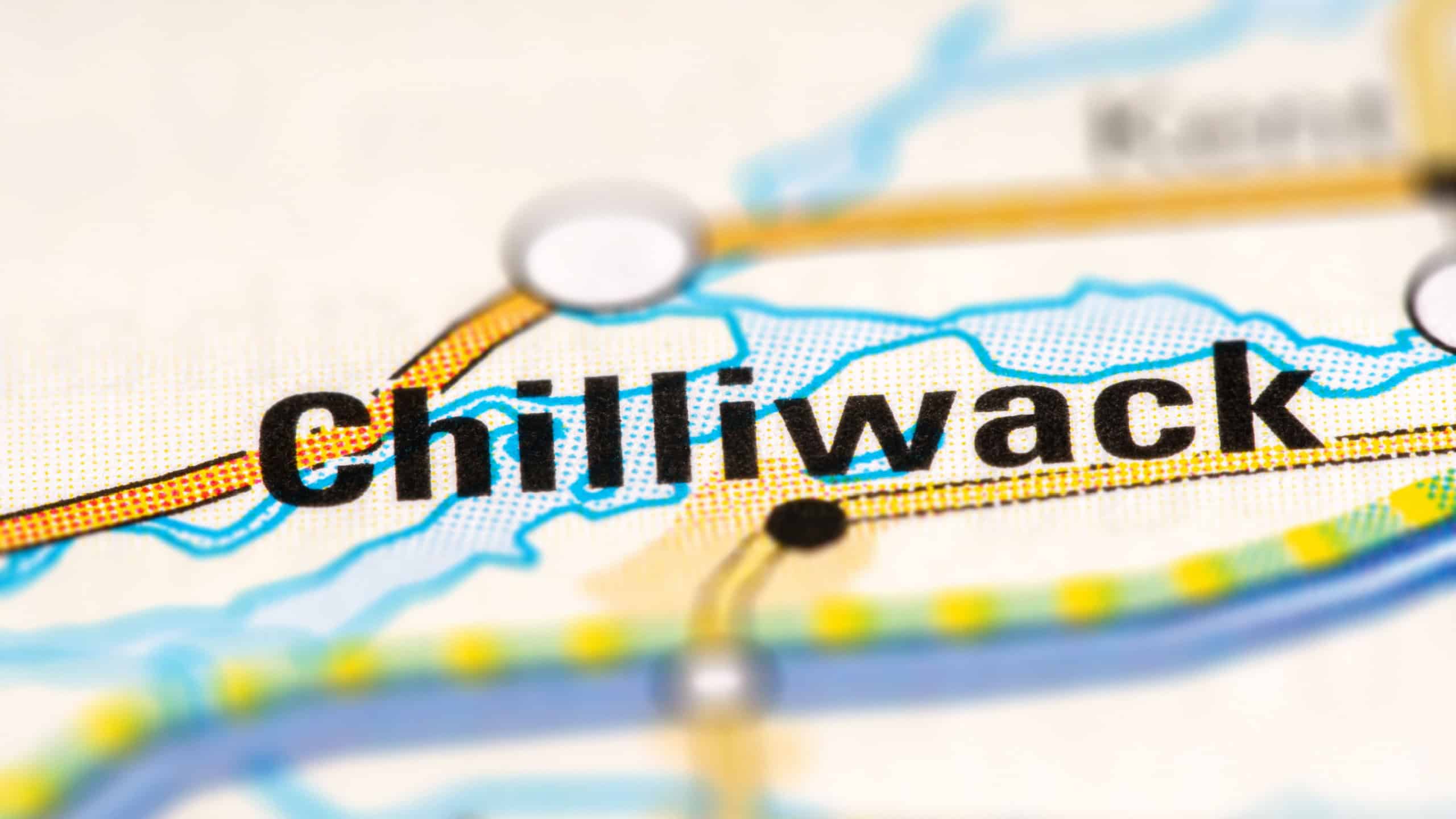 Chilliwack on a USA road map. Close-up on printed road map.