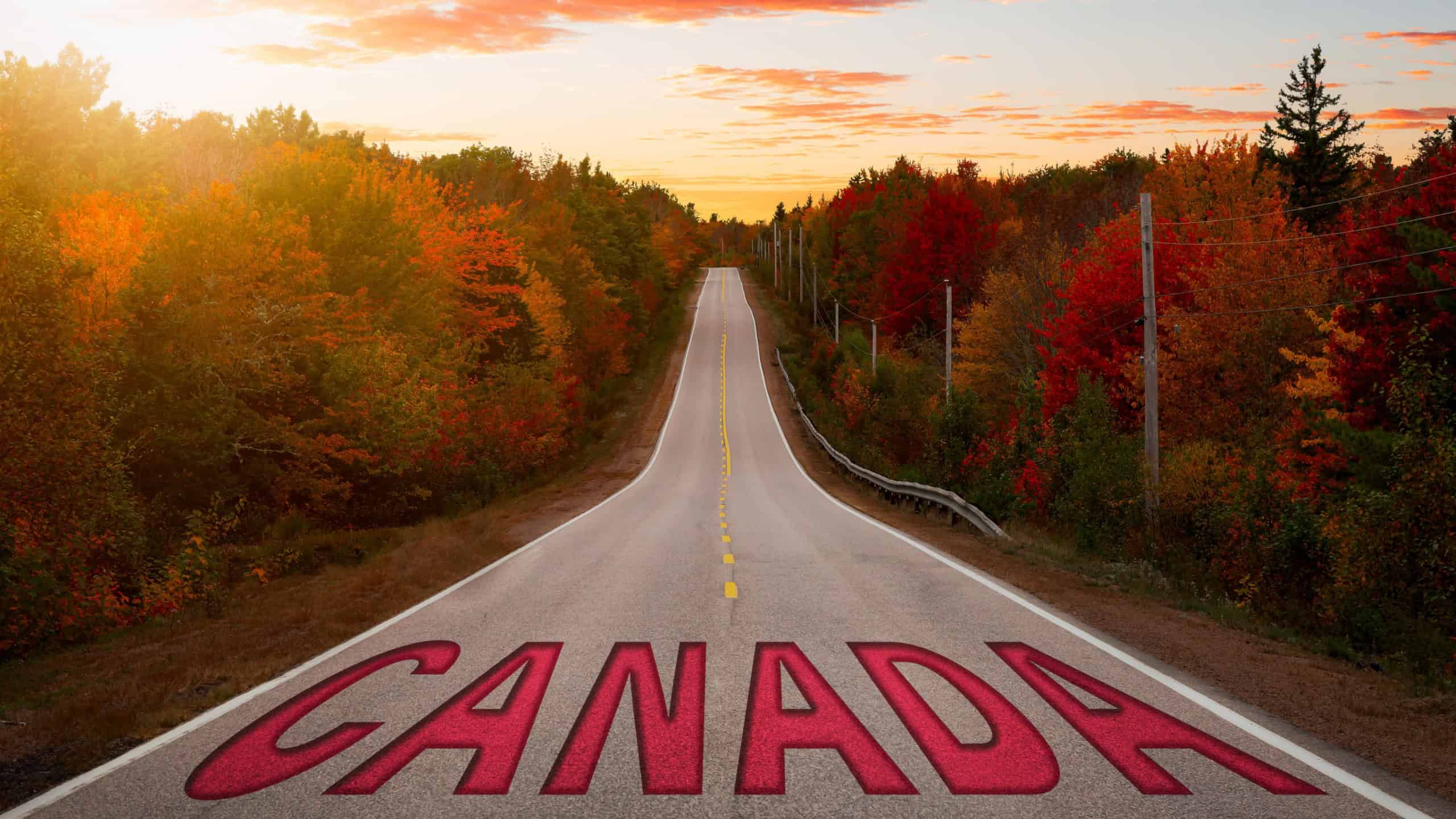 Canada Sign on a Scenic Road in the nature with Vibrant Fall Color Trees. Sunset or Sunrise Sky Composite. Road in Nova Scotia.