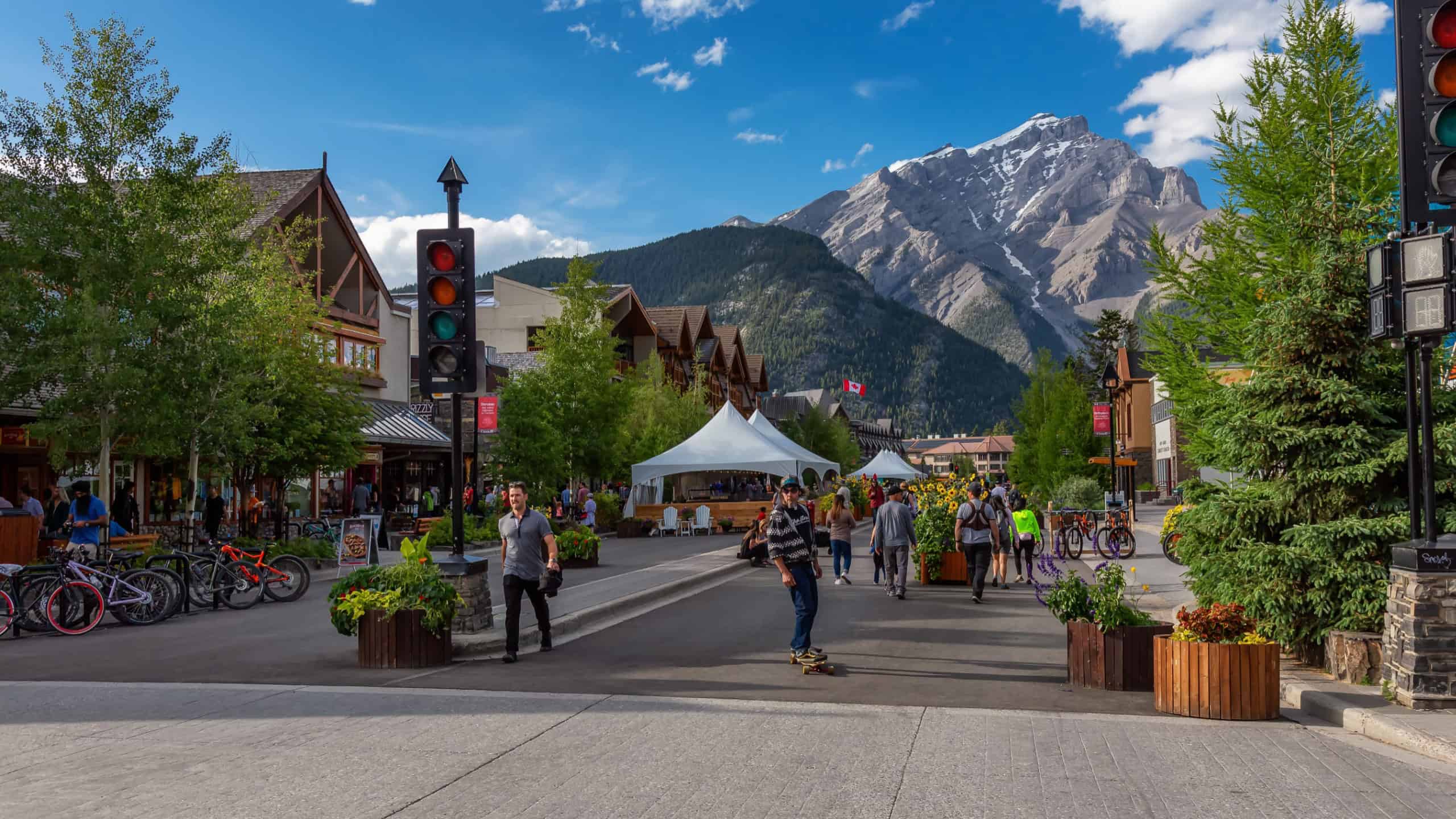 Banff, Alberta, Canada - July 3, 2020: Main Street Closed to Allow more room for social distancing during the Coronavirus in a small touristic town.