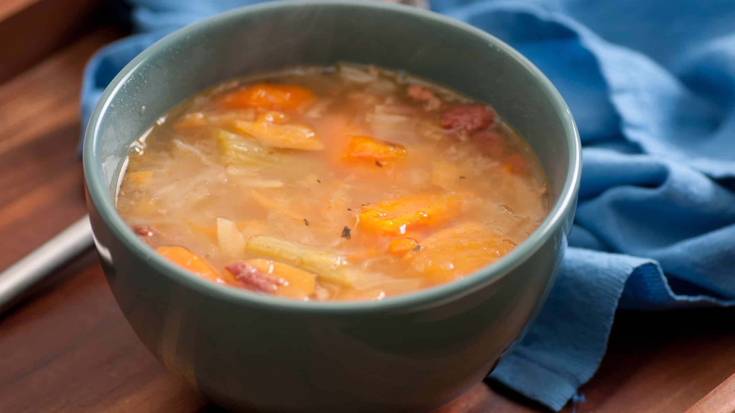 A closeup shot of Jigg's dinner, maritime boiled pork and vegetable soup