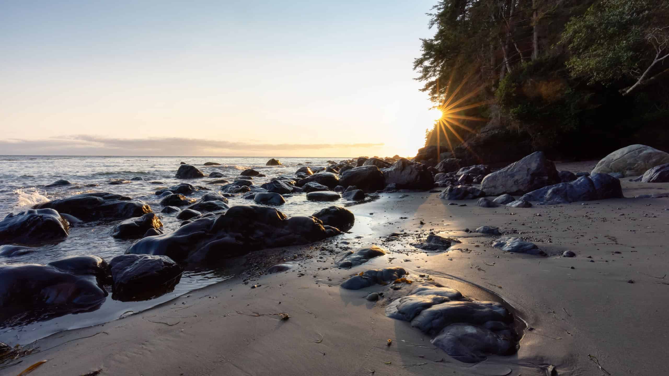 Mystic Beach on the West Coast of Pacific Ocean. Summer Sunny Sunset. Canadian Nature Landscape Background. Located near Victoria, Vancouver Island, British Columbia, Canada.