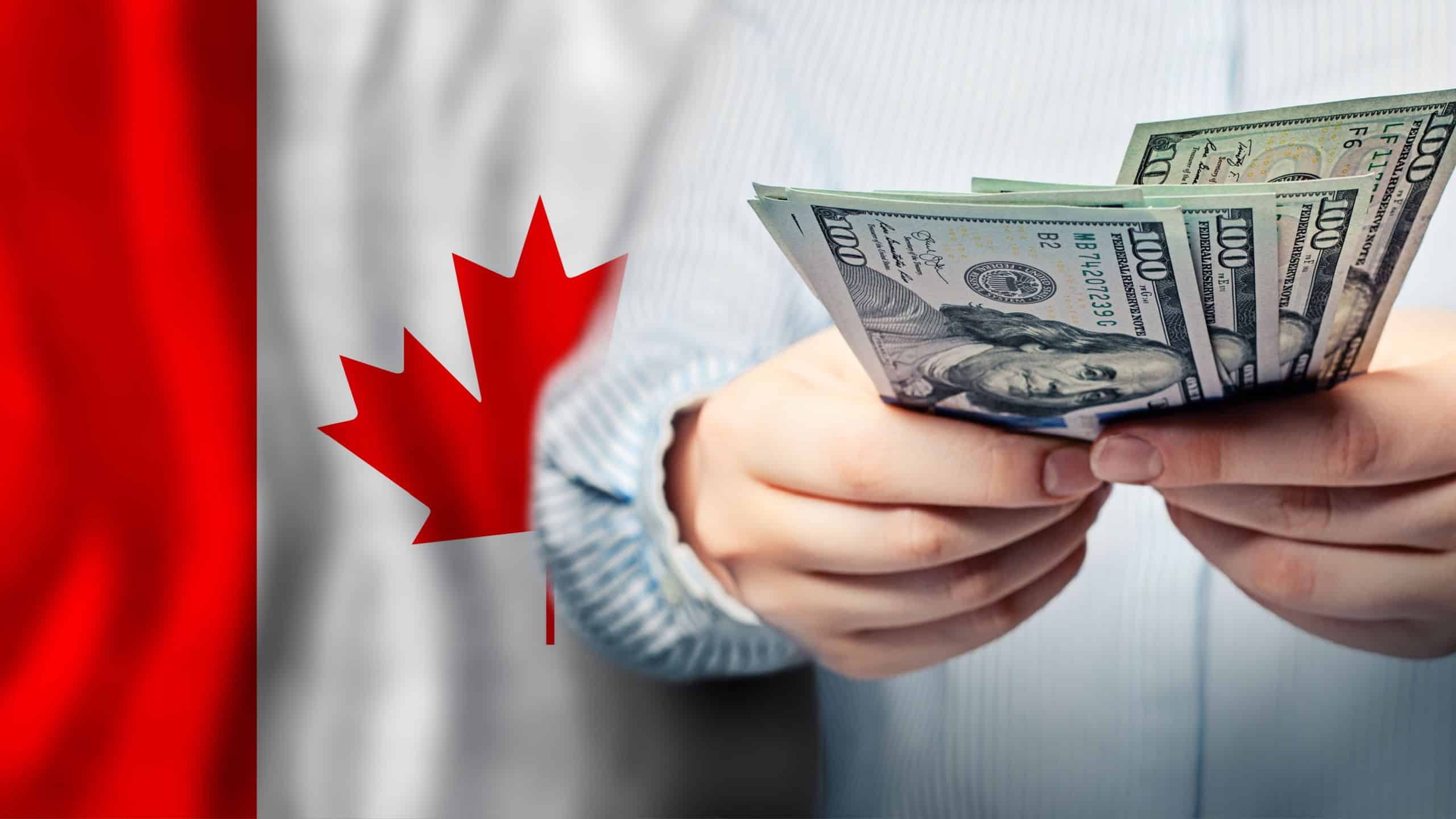 Currency exchange, finanse, banking and saving money in Canada. US dollars cash on Canadian flag background