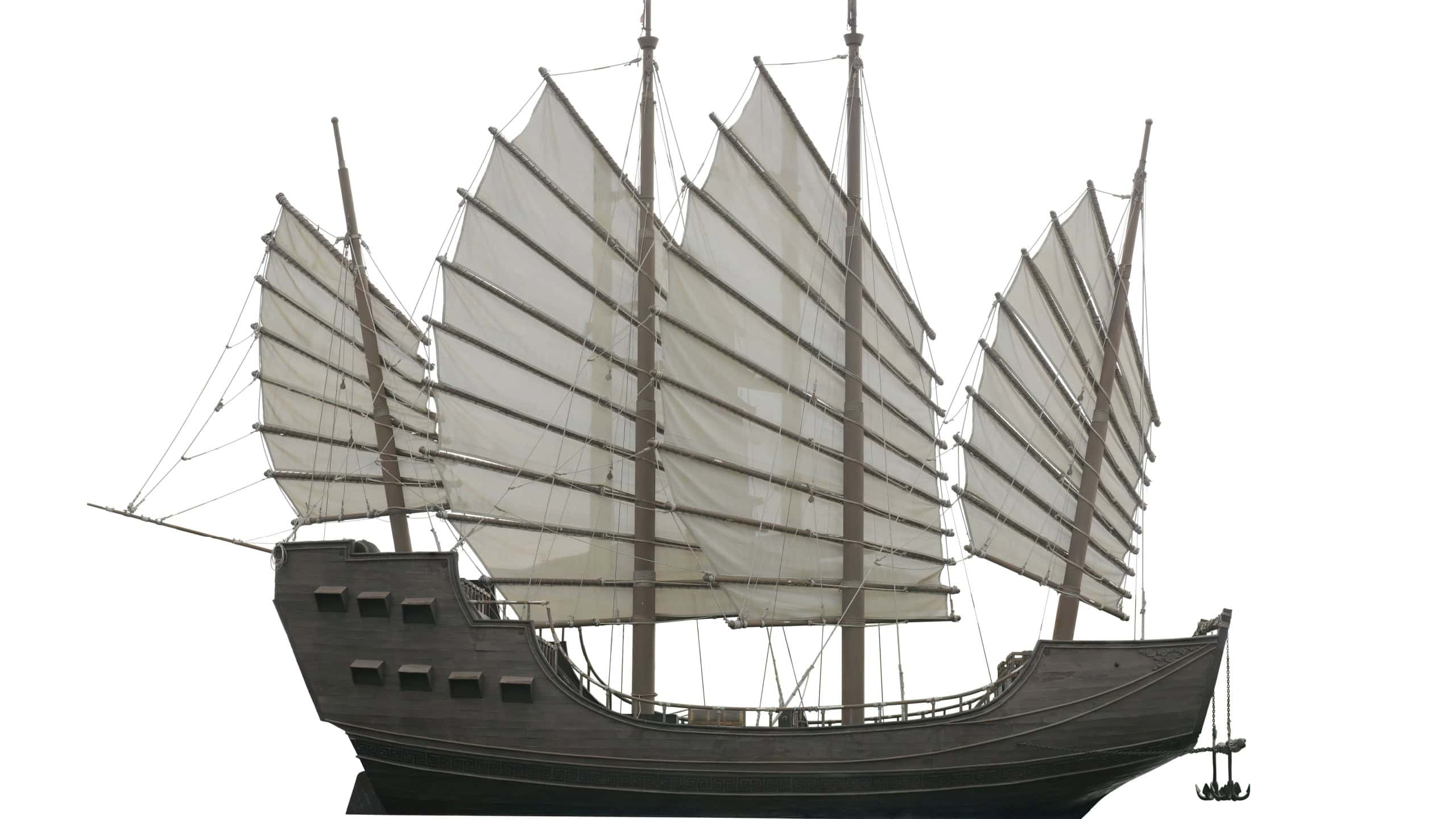 Chinese junk junk, classic Chinese sailing vessel of ancient isolated on white background. 
