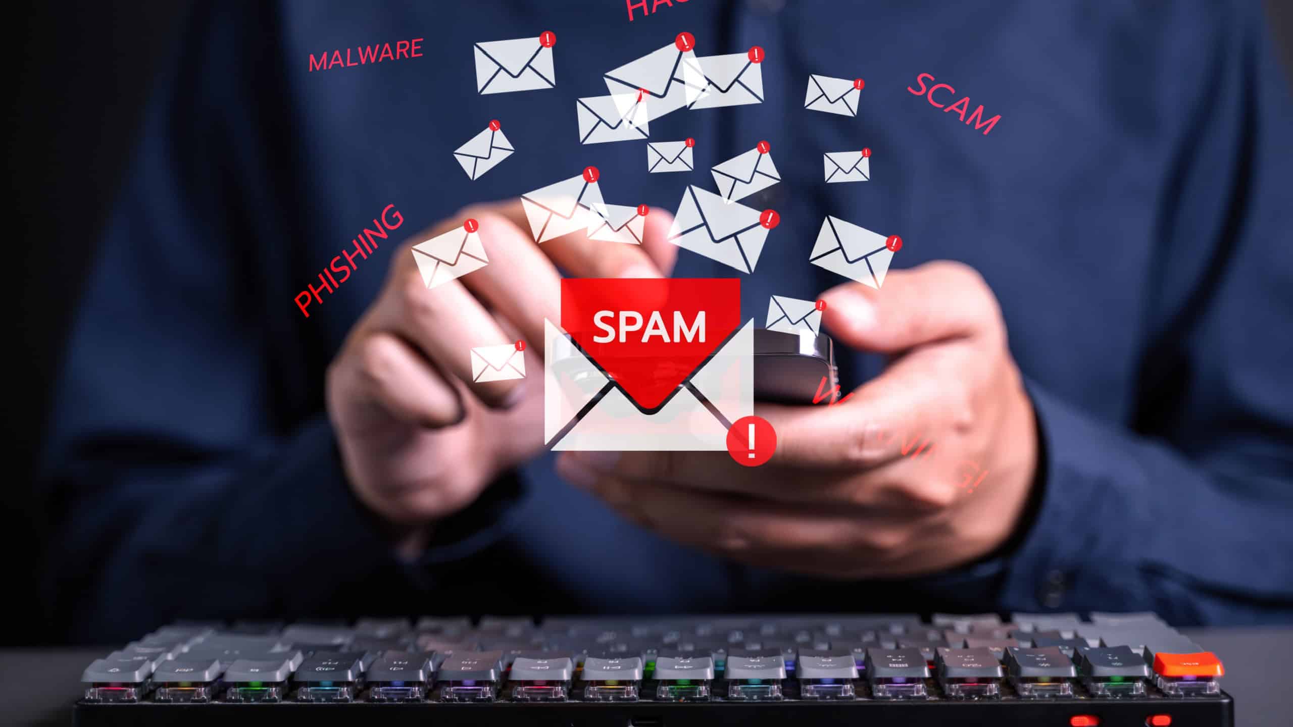 People with warning notification and spam message icon on laptop.