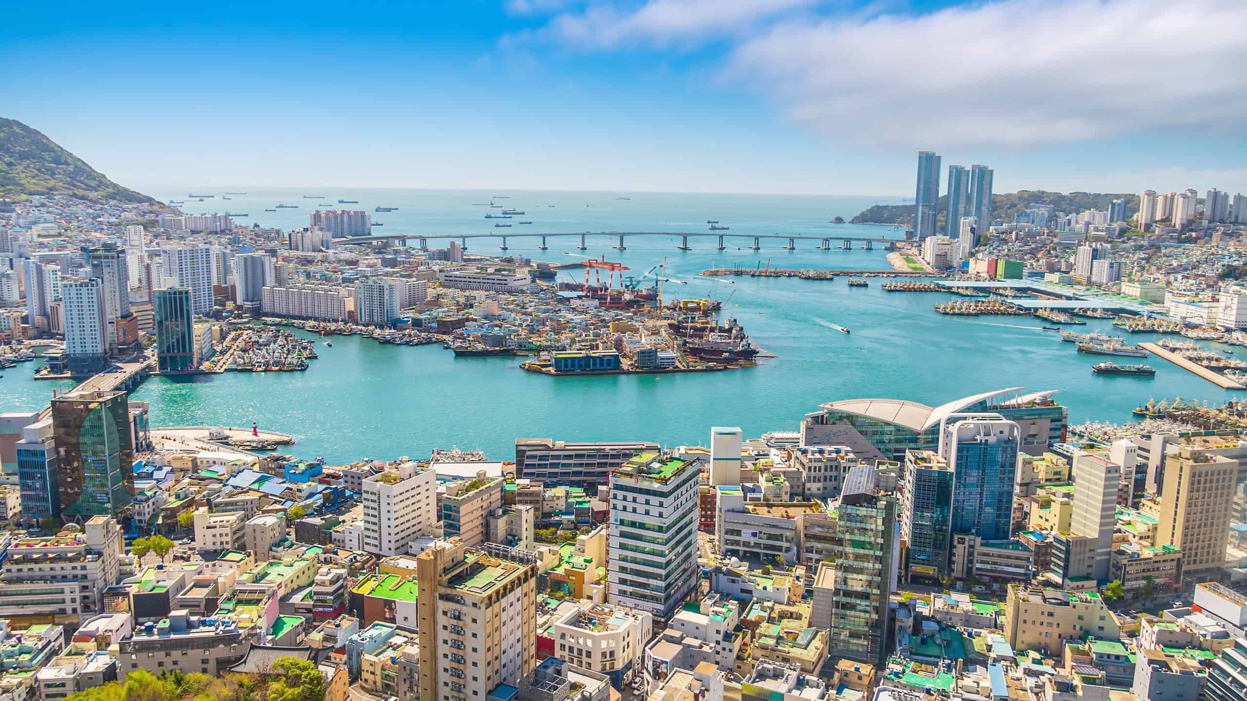 Busan city skyline, cityscape of South Korea with blue sky