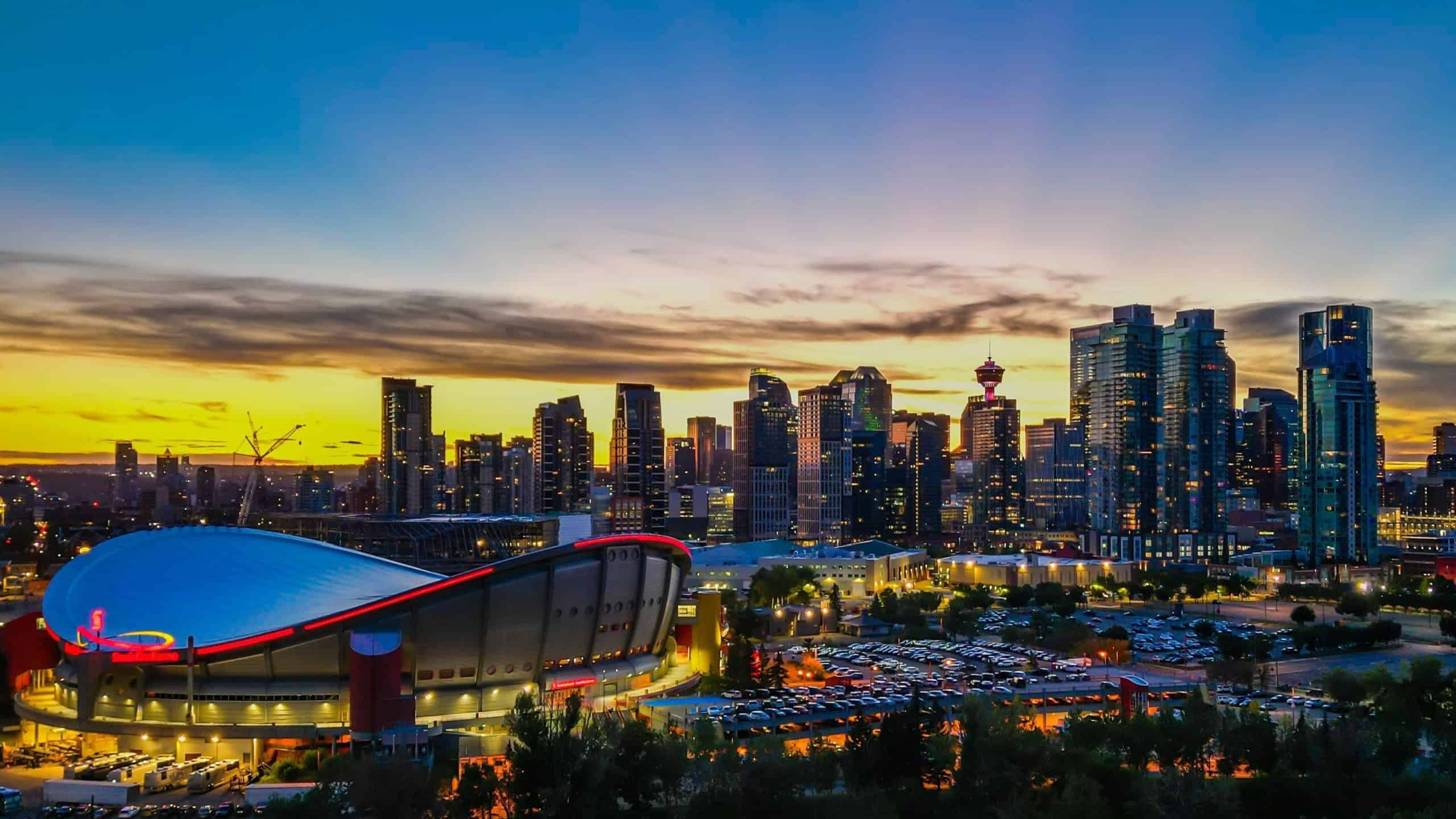 CALGARY, CA - Jun 14, 2023: Aerial view of the vibrant city of Calgary, Alberta, Canada as seen from the top of the skyline