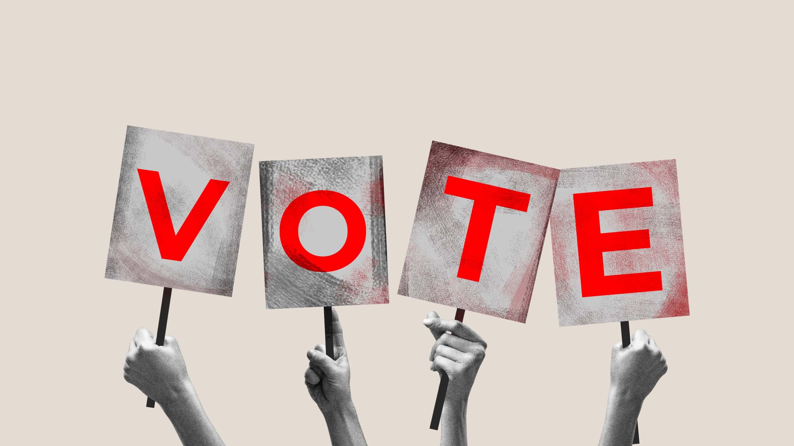 Human hands raising tablets and making word - vote over light background. Contemporary art collage. Concept of voting day, democracy, politics, choice, freedom, opinion