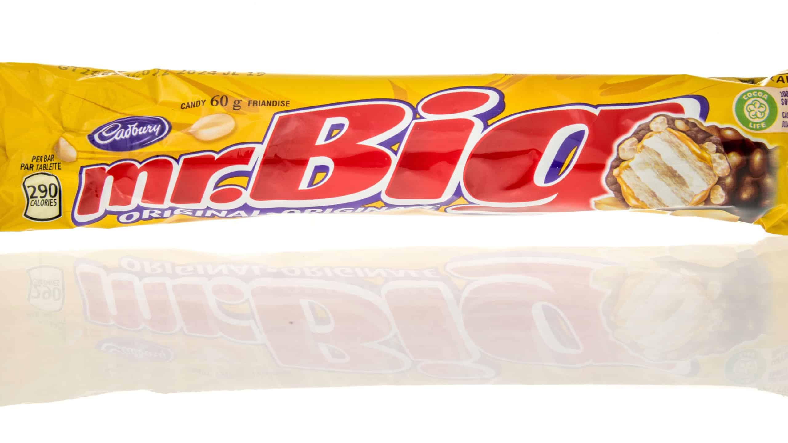 Winneconne, WI - 9 January 2024: A package of Cadbury Mr Big candy bar on an isolated background.