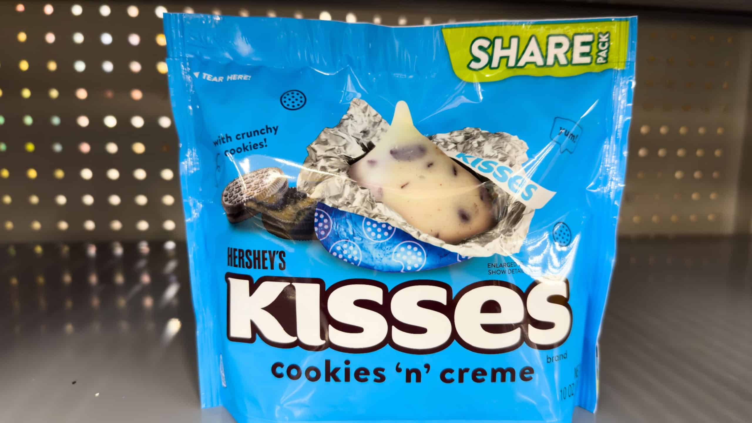 Hershey's Kisses Cookies N Creme edition. Last bag on a market shelf.
