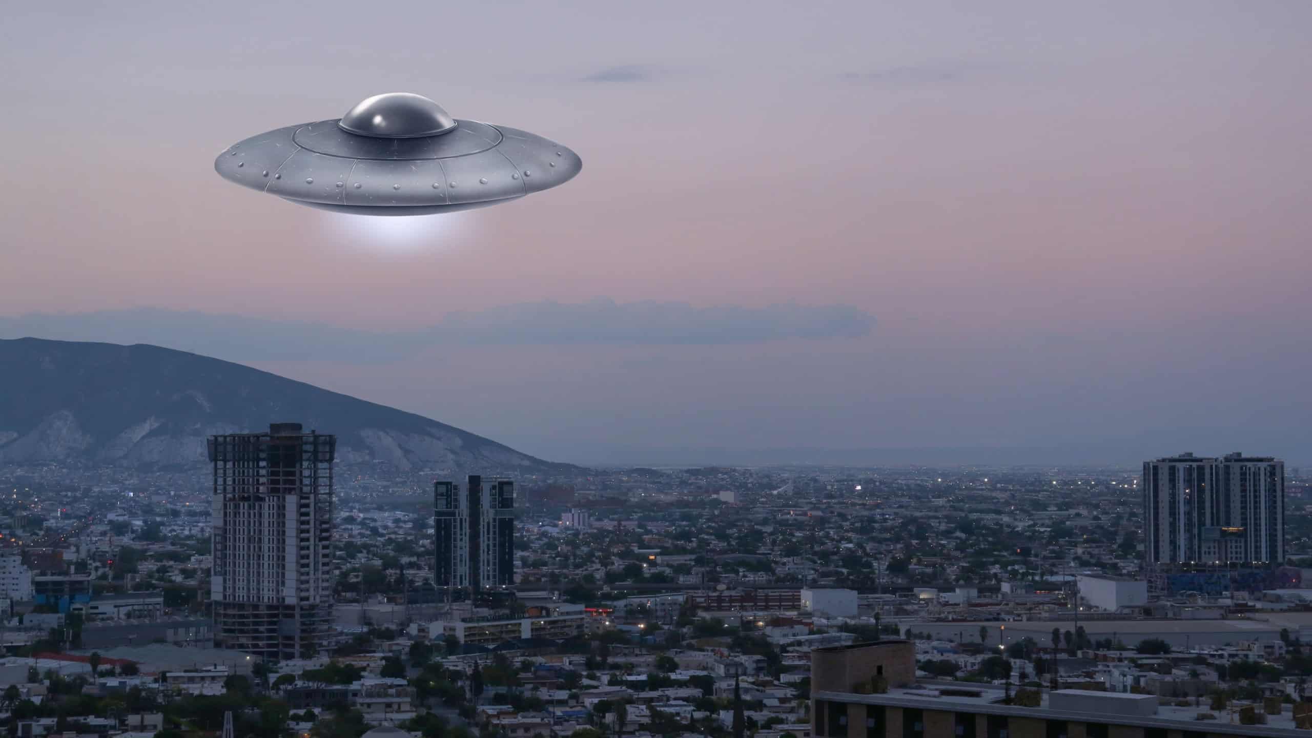 Alien spaceship flying over city in morning. UFO, extraterrestrial visitors